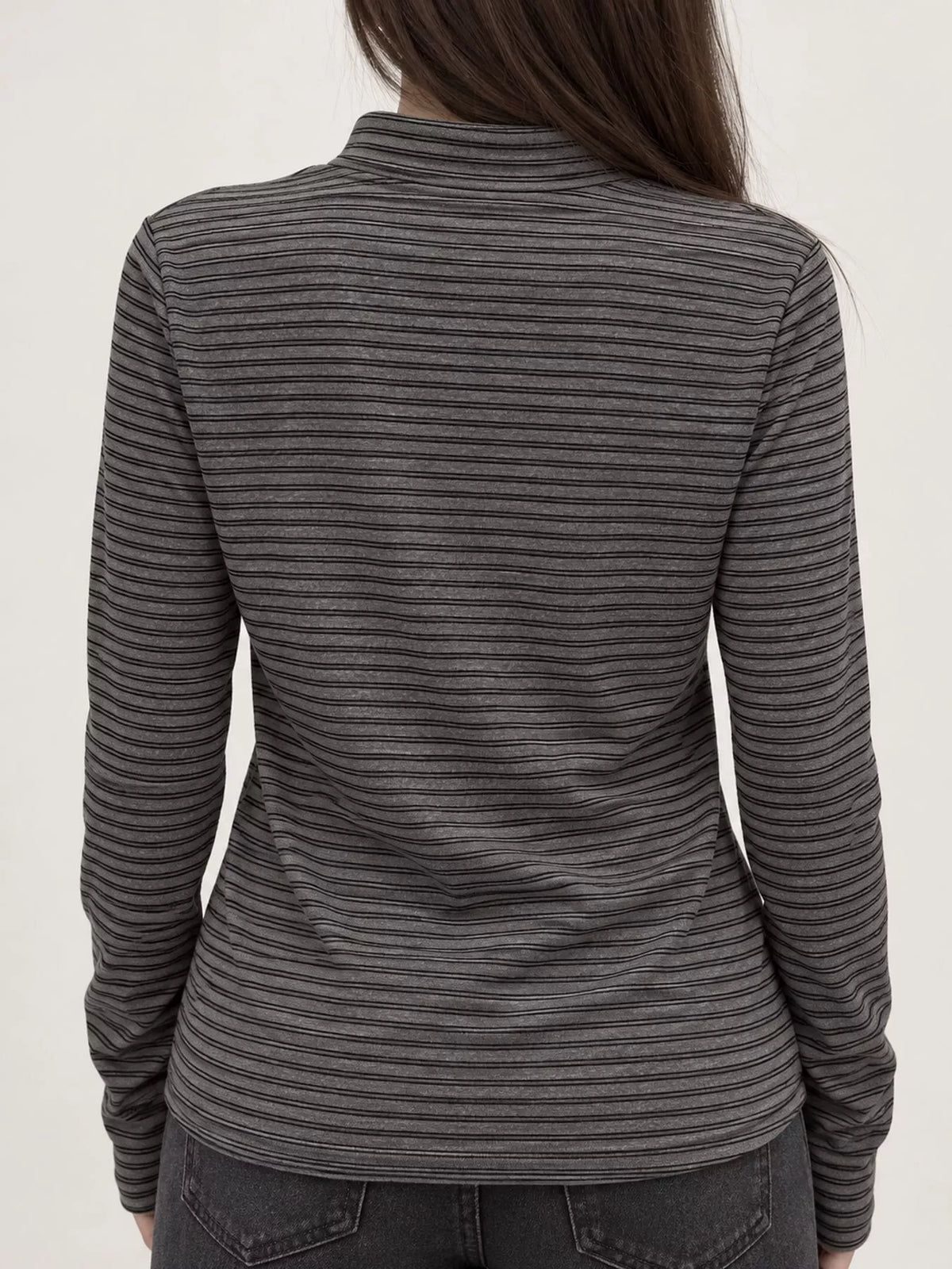 Dark Gray striped mock neck button-detail long sleeve t-shirt, back view