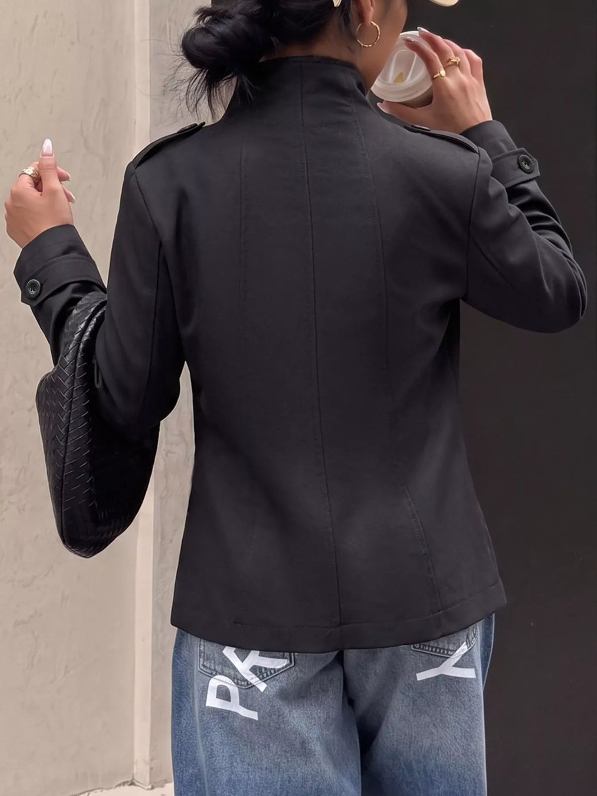 Double-Breasted Military-Style Stand Collar Jacket — back view