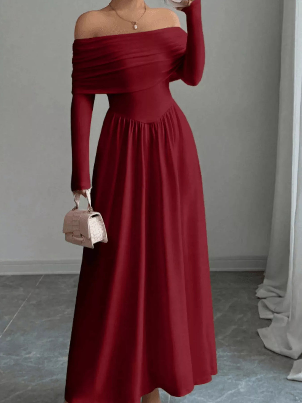Off-shoulder long sleeve maxi dress