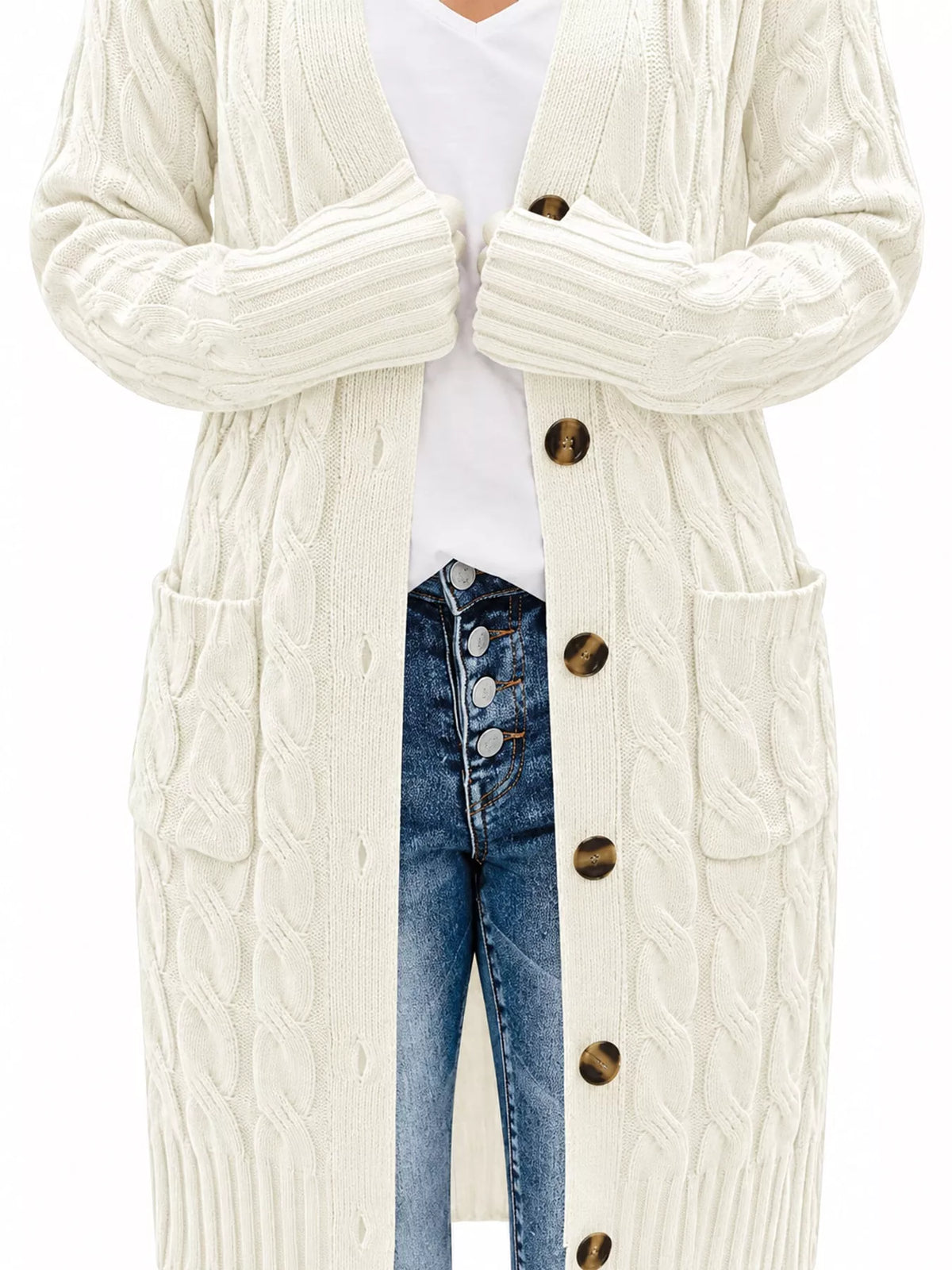 Cable Knit Button-Down Cardigan with Pockets — garment construction details
