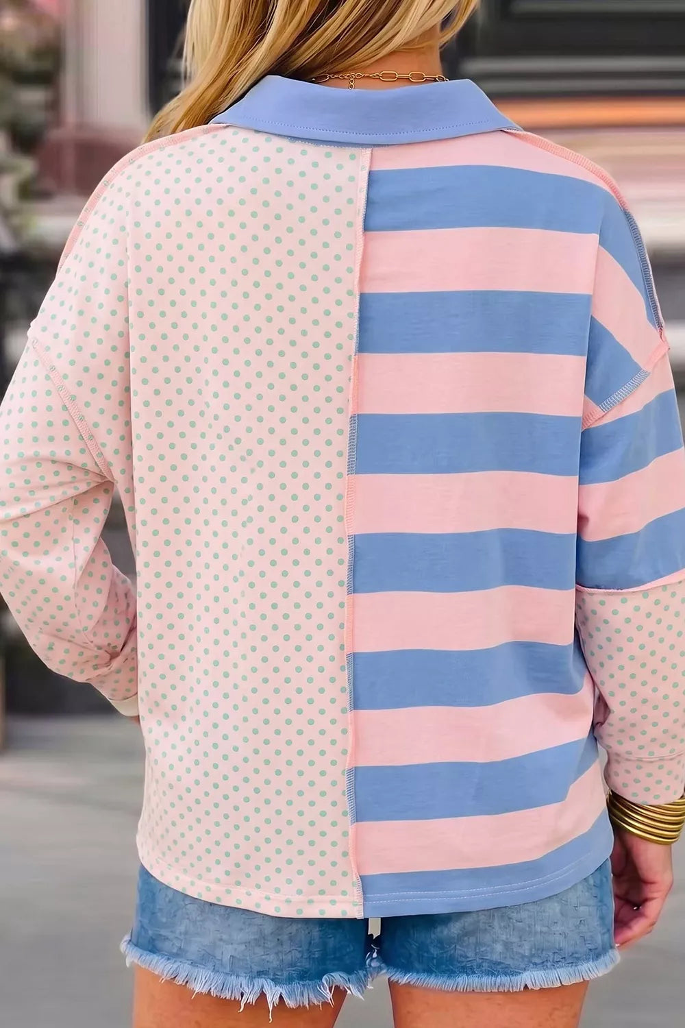 Striped Polka Dot Long Sleeve Polo Top, back view