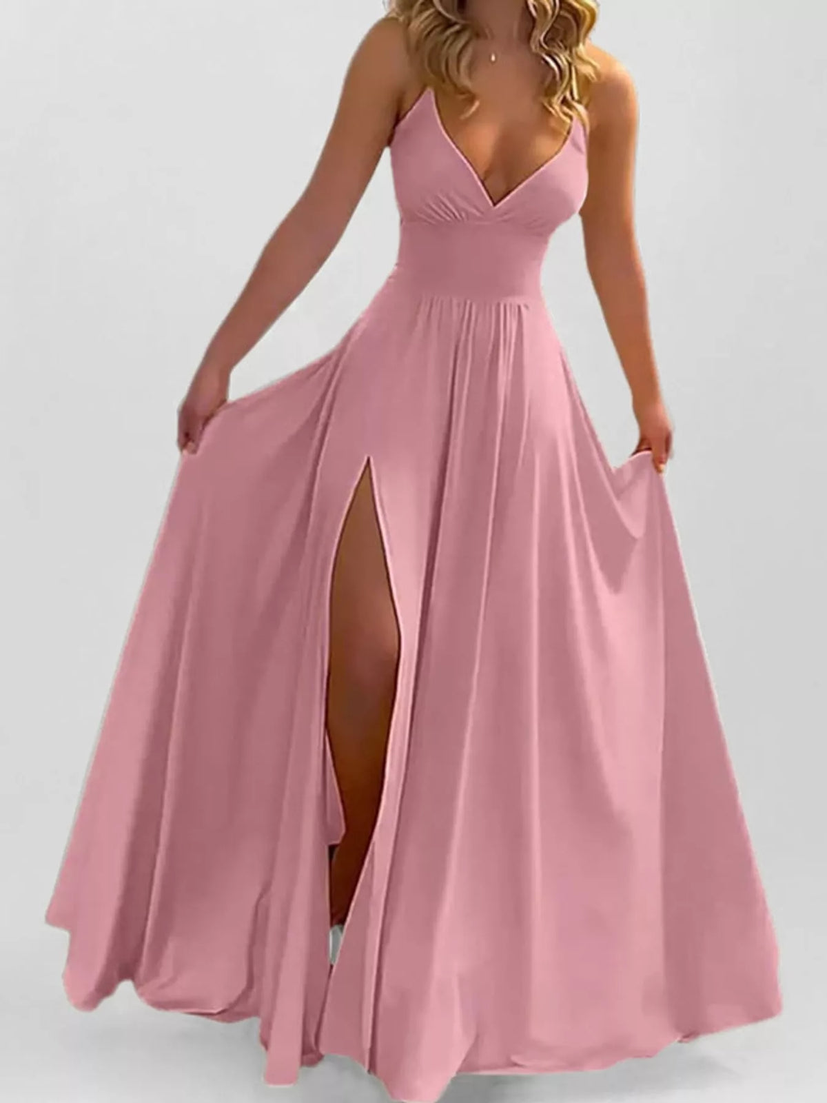 Pink sleeveless high slit maxi dress, front view