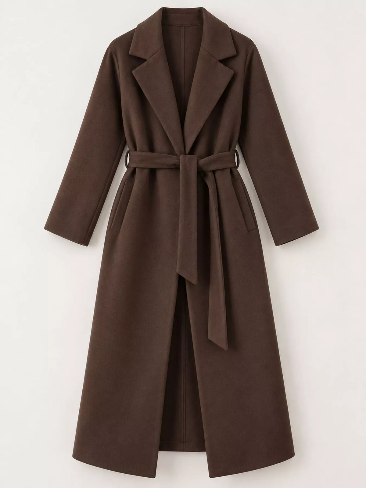 Brown lapel collar belted coat