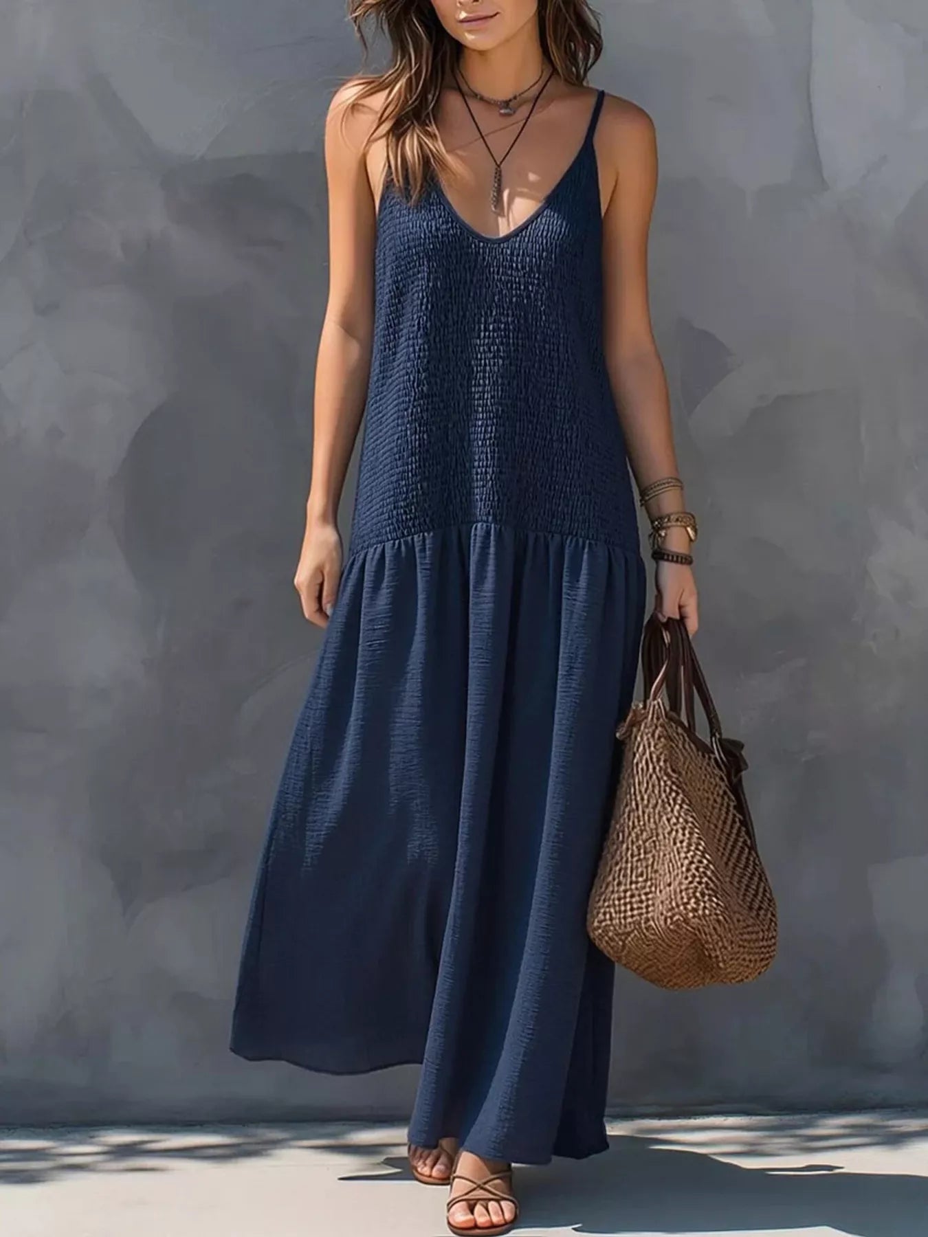 Trendsi Sleeveless Smocked V-Neck Casual Maxi Dress -