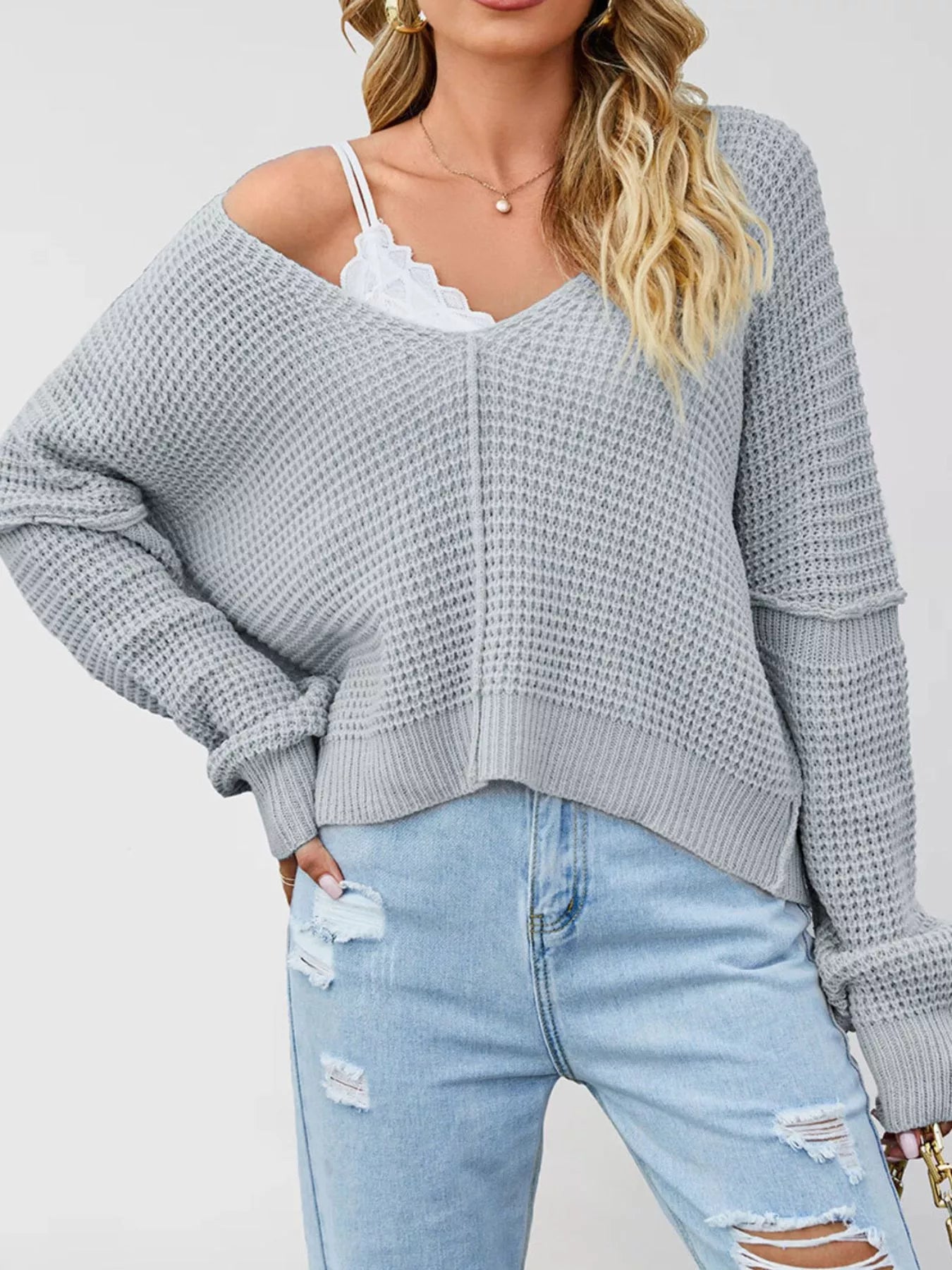 Trendsi Waffle Knit Dropped Shoulder Sweater -
