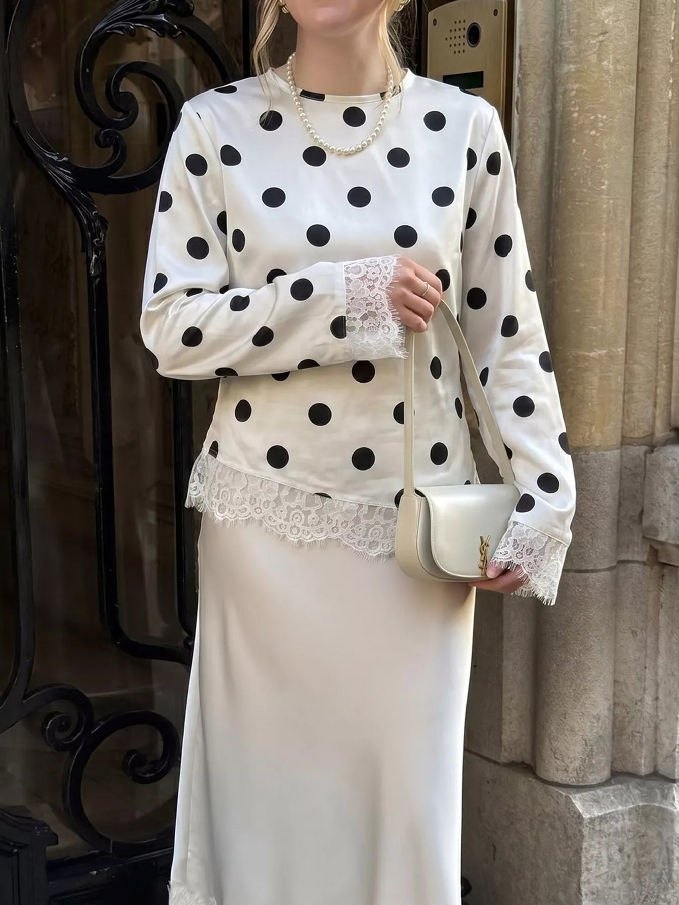 Trendsi Polka Dot Satin Top with Lace Trim -