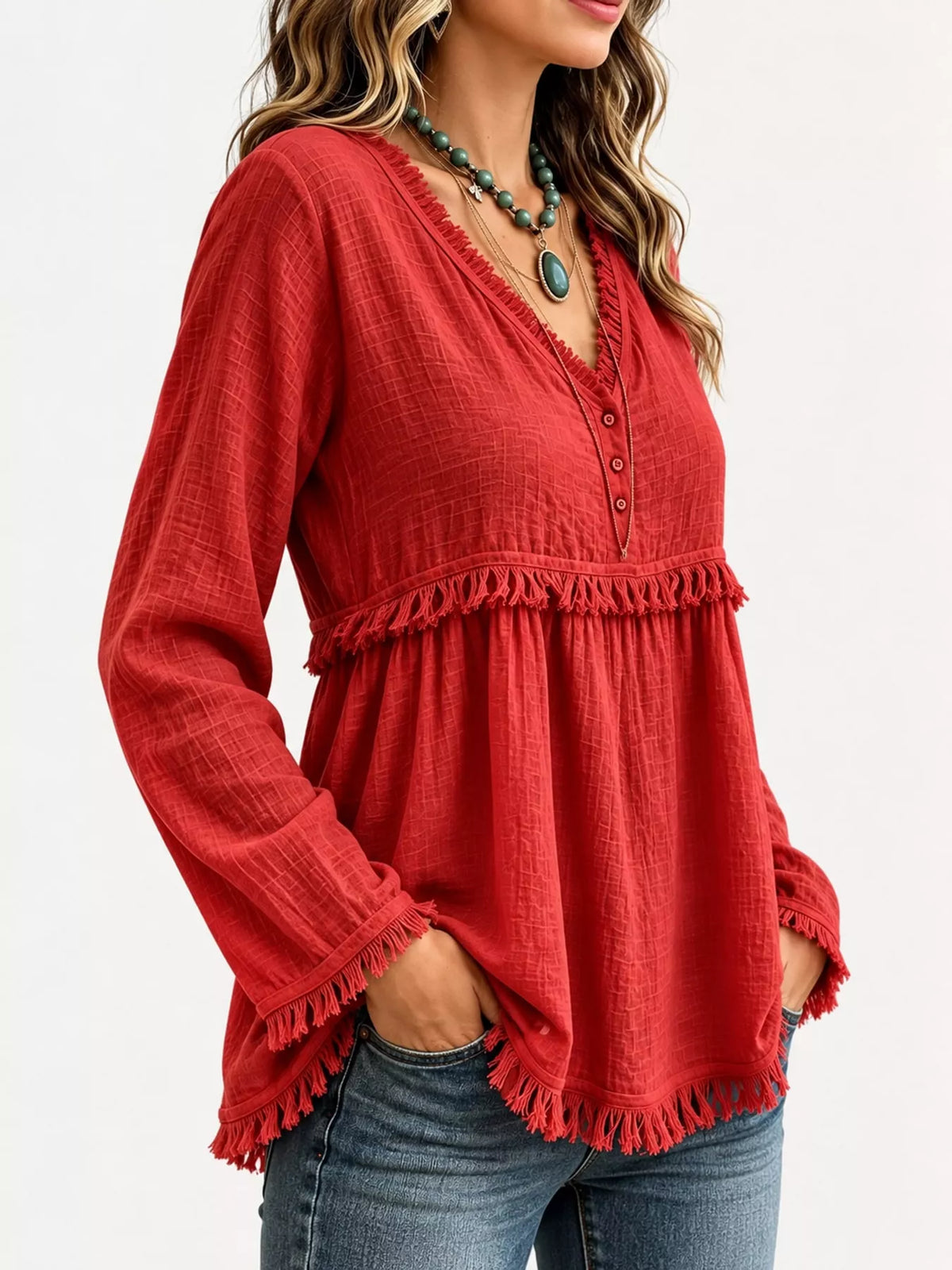 Fringe-trim blouse, red side