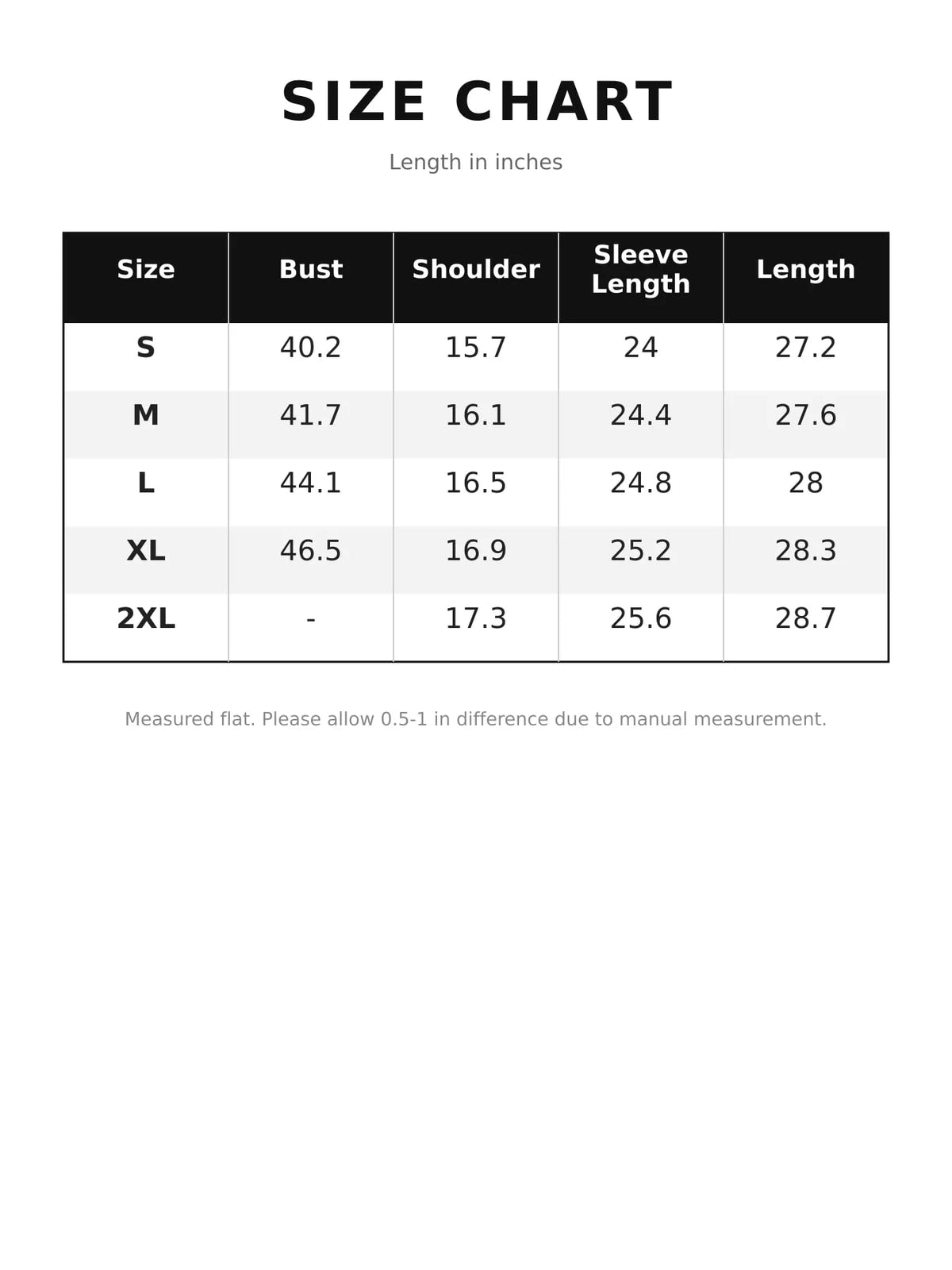 Size chart for button-down denim shirt