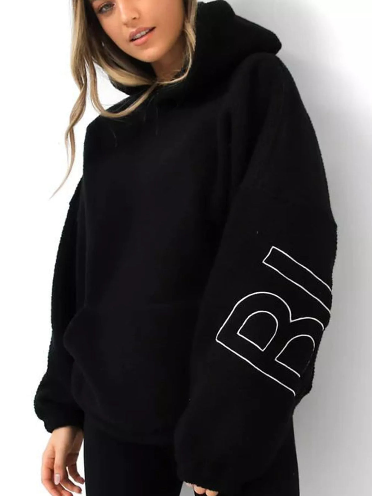 Letter Oversized Sherpa Hoodie — front view