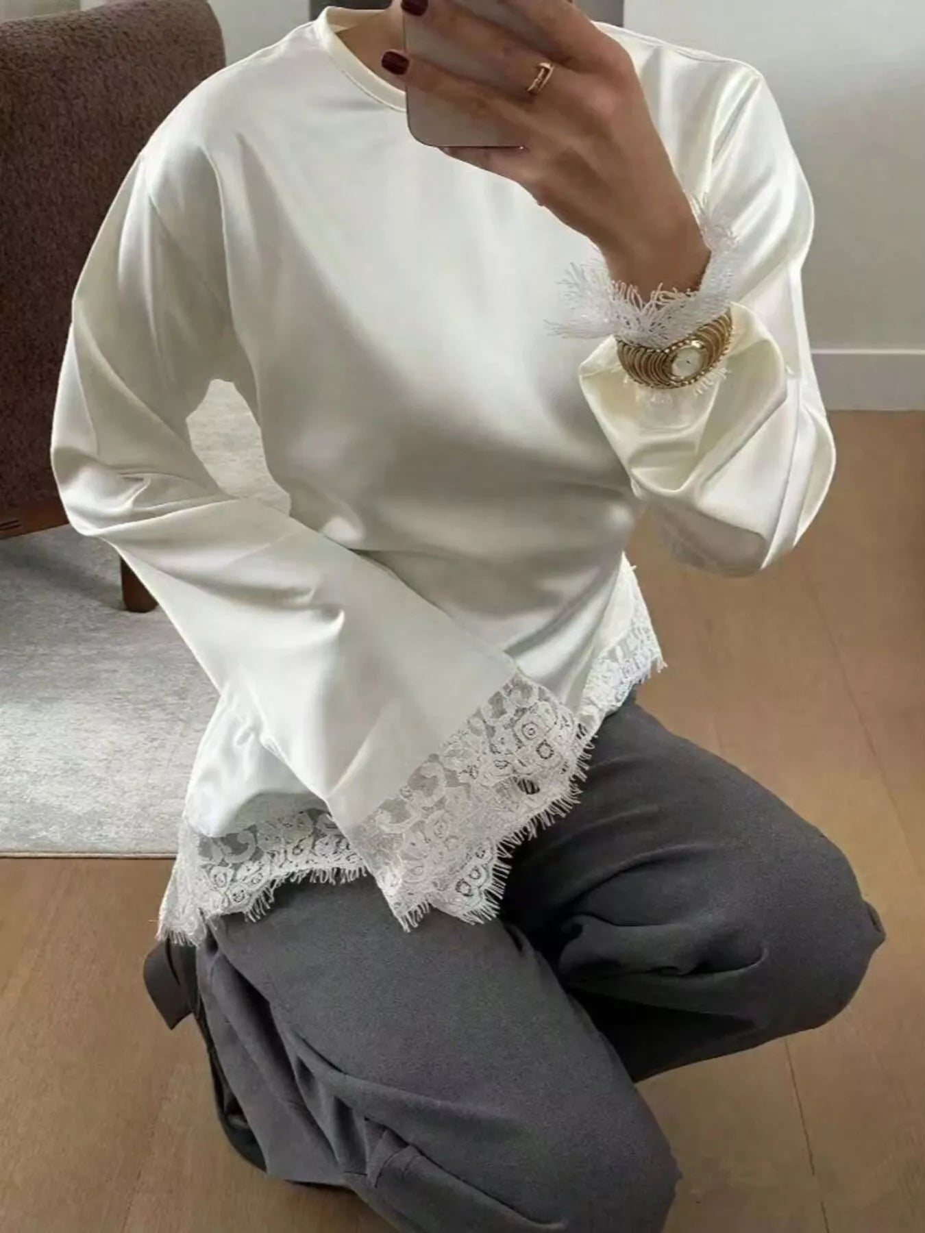 Trendsi Satin Lace Trim Flare Sleeve Blouse -