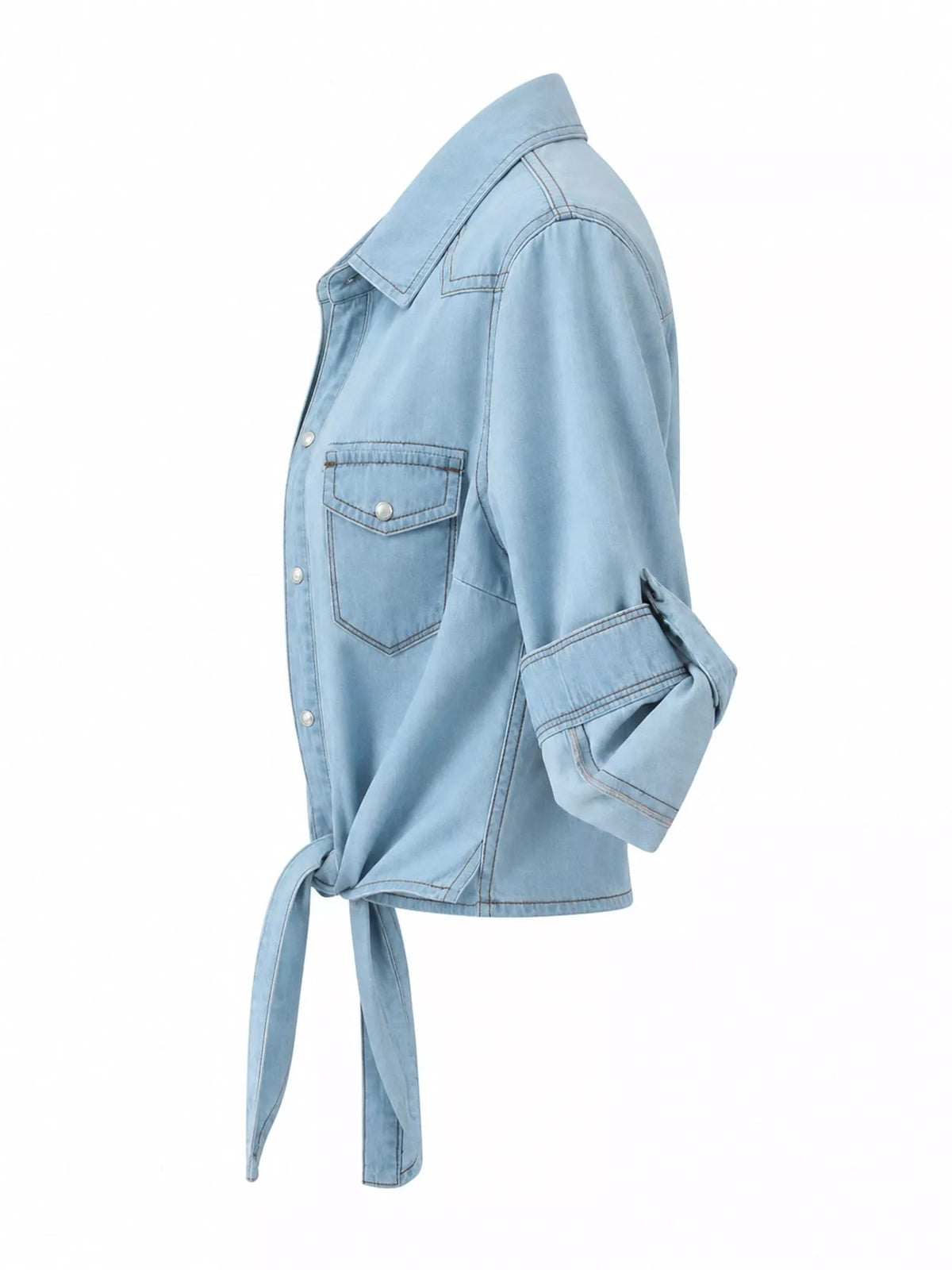 Tie-Front Snap-Button Denim Shirt — side view