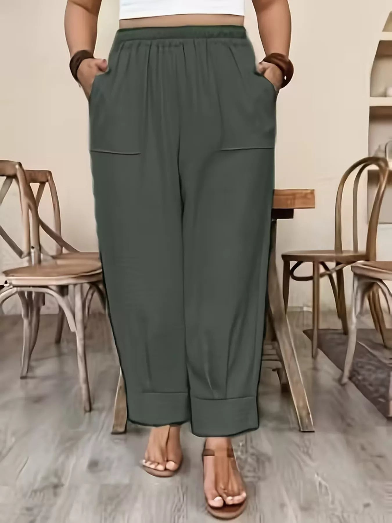 Trendsi Plus Size High-Waisted Elastic Waist Pants with Pockets -