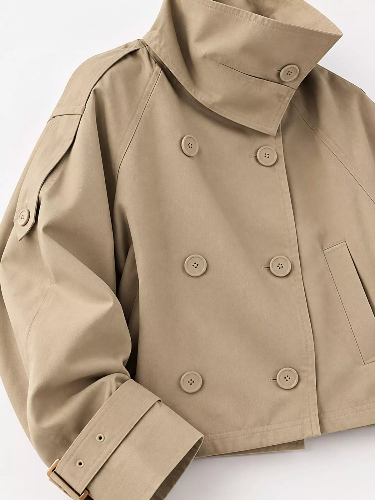 Beige double-breasted cropped trench jacket, collar and cuff detail