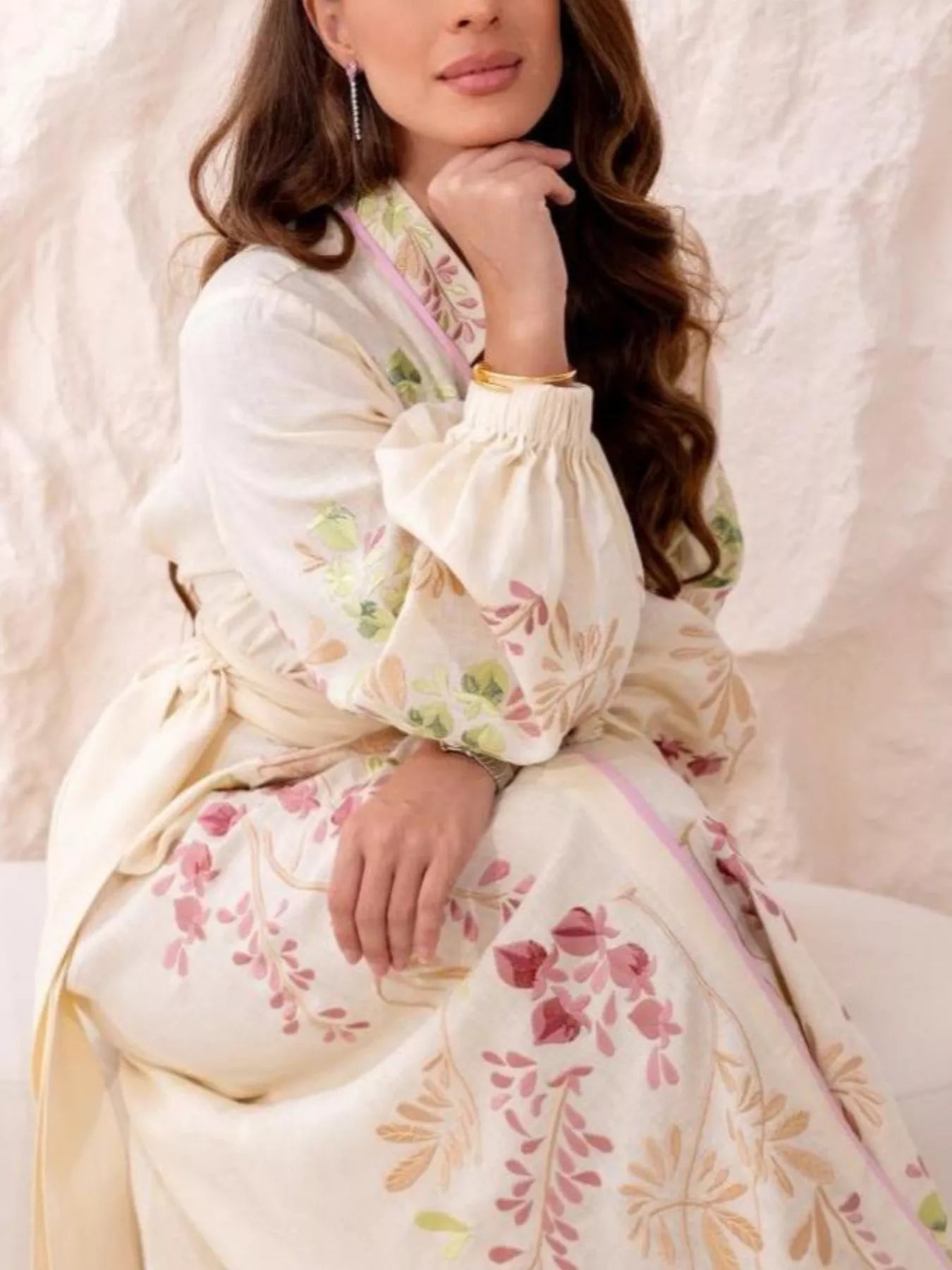 Trendsi Floral Tie Waist Long-Sleeve Maxi Dress -