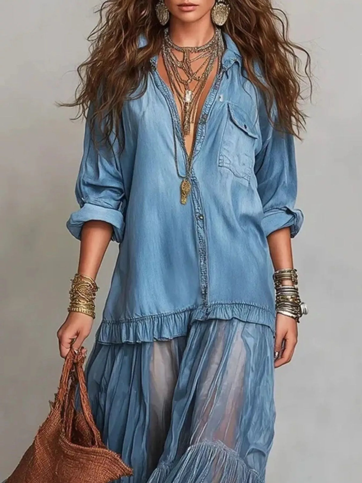 Blue sheer tiered long sleeve maxi dress — design and construction details