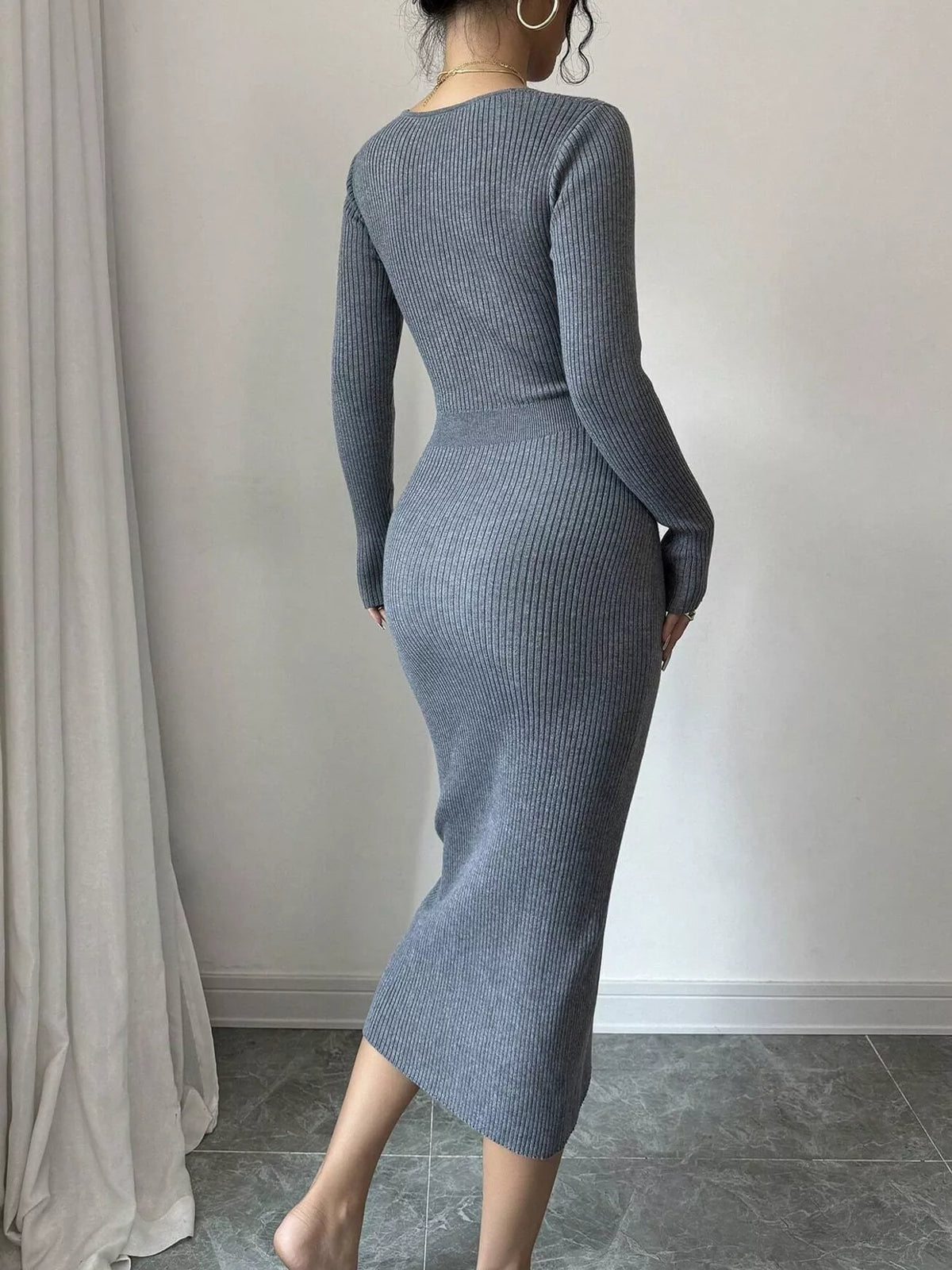 Gray decorative button ribbed knit sweater dress, back view