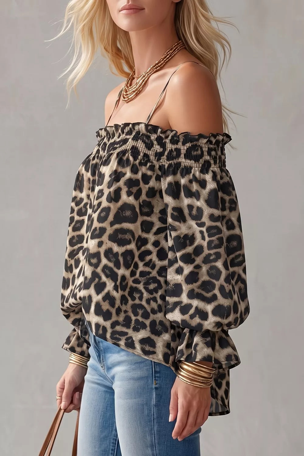 Trendsi Spaghetti Strap Leopard Long Sleeve Blouse -