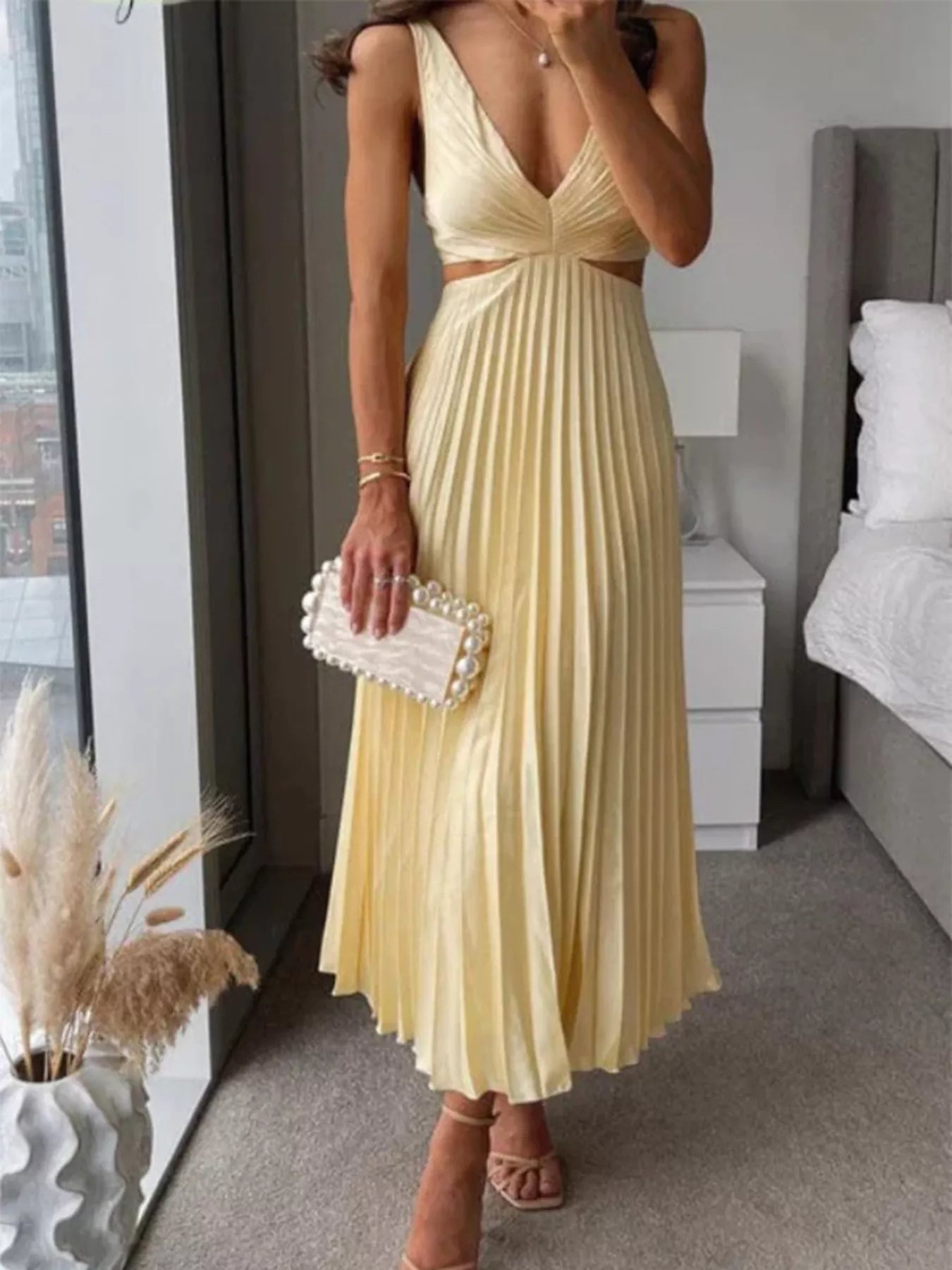 Trendsi Elegant Pleated Midi Dress with Cut-out Details -
