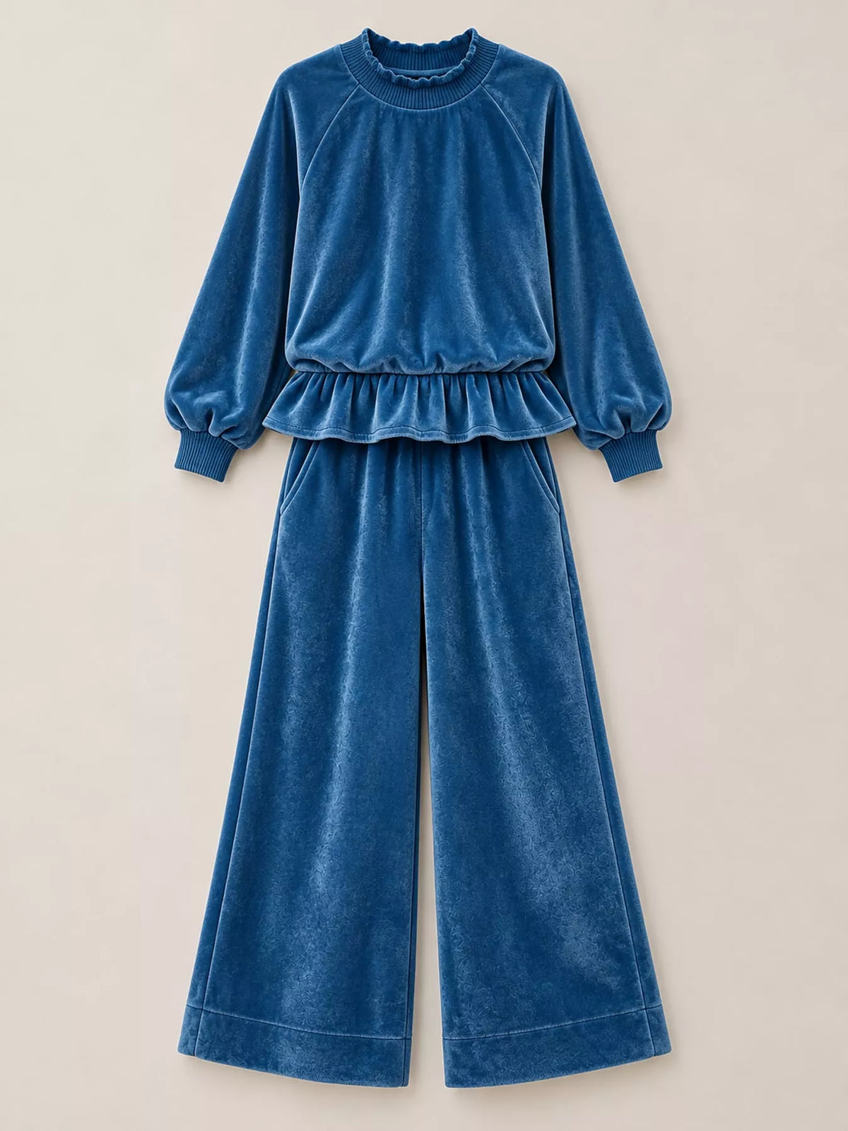 Blue velvet ruffled hem top and wide-leg pants set — front view