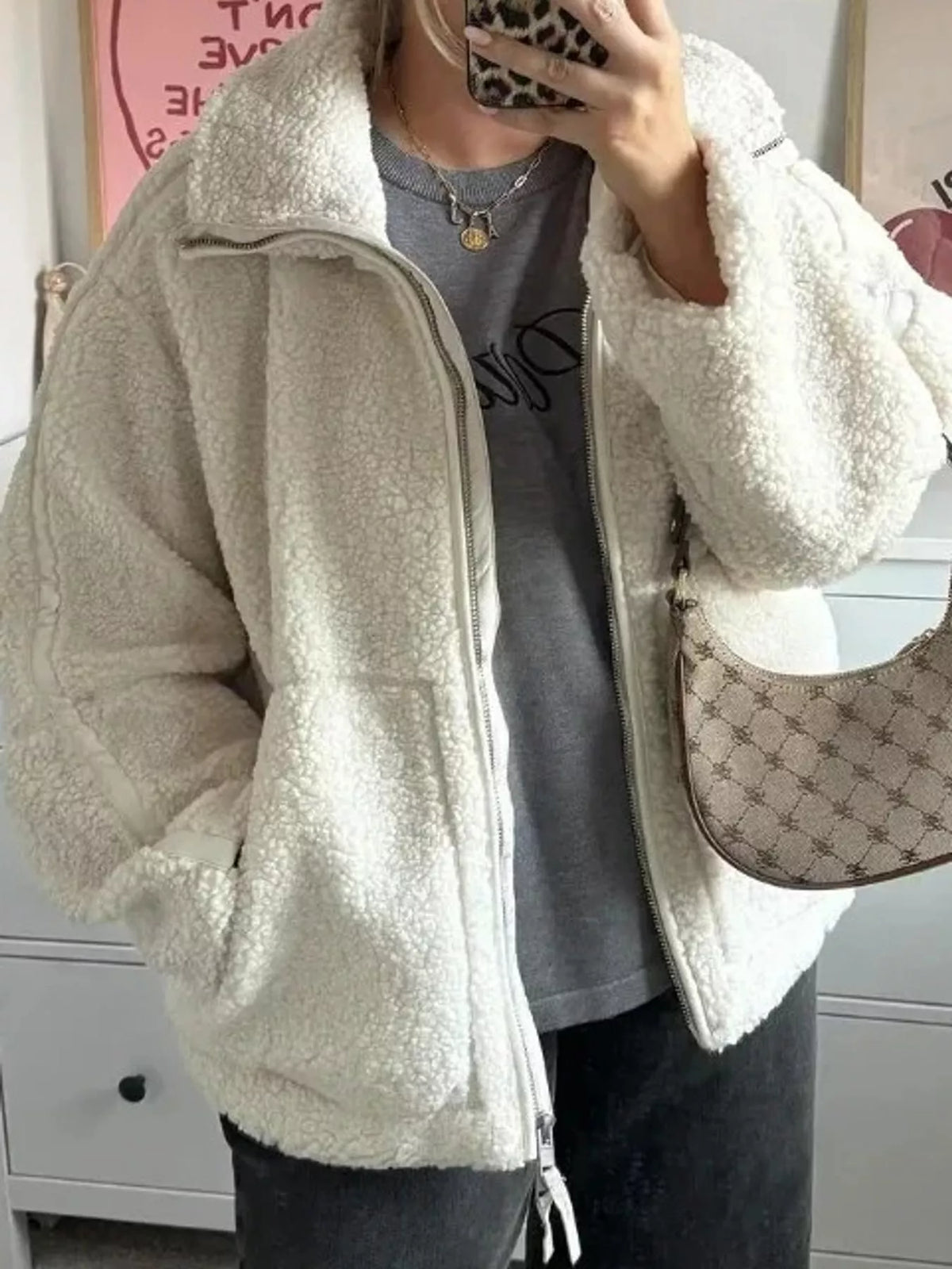 Beige oversized sherpa fleece zip-up jacket
