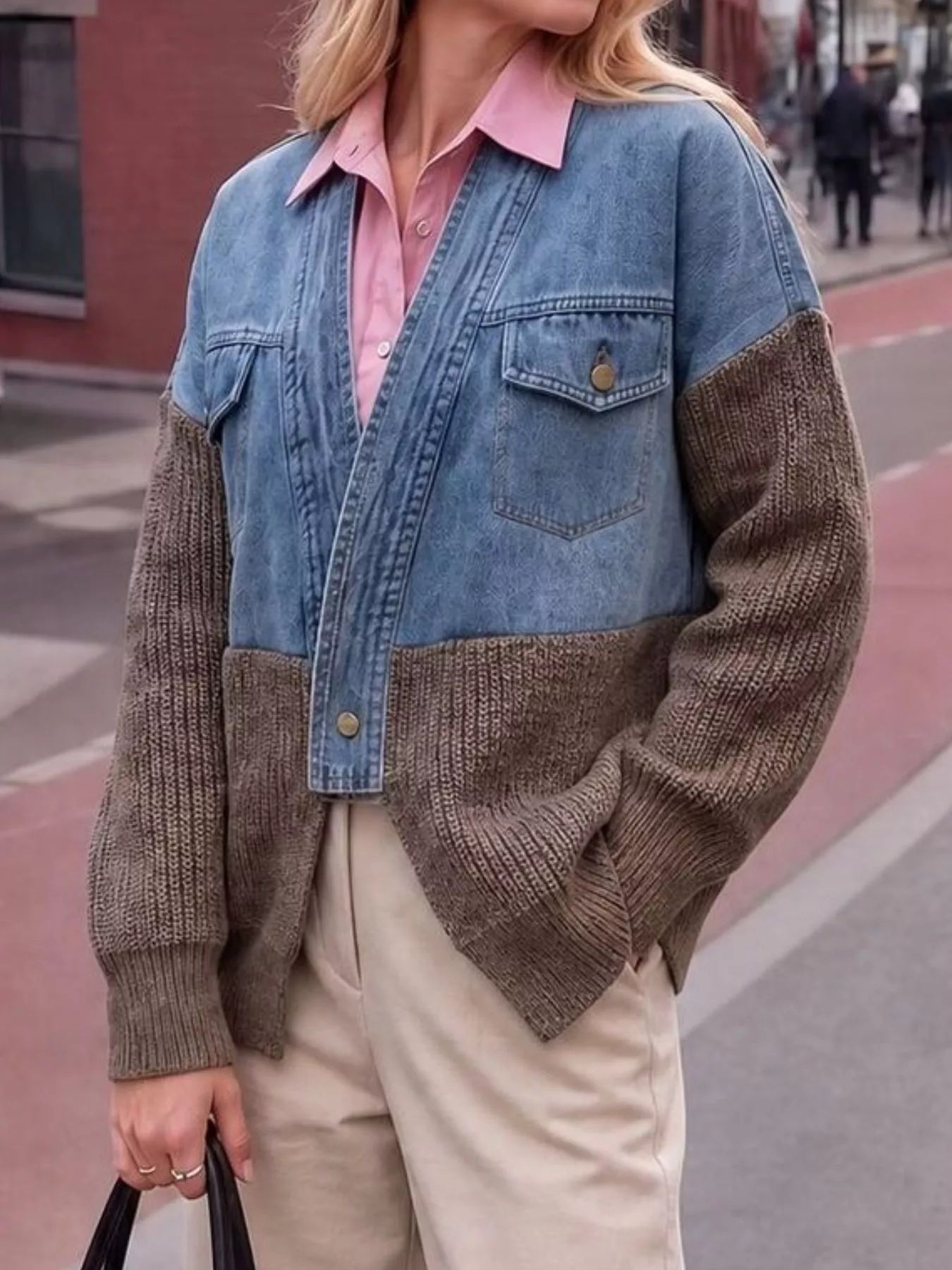 Trendsi Contrast Denim and Knit Patchwork Cardigan -