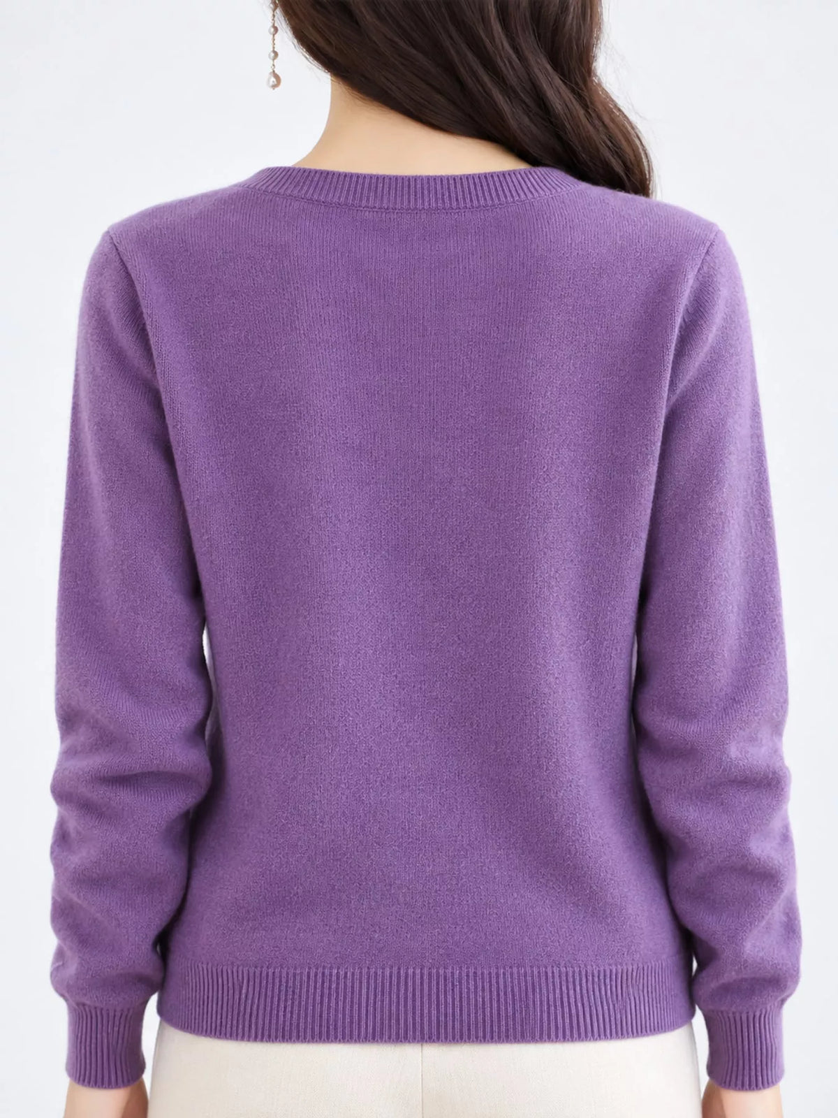 Purple crew neck button-front cardigan, back view