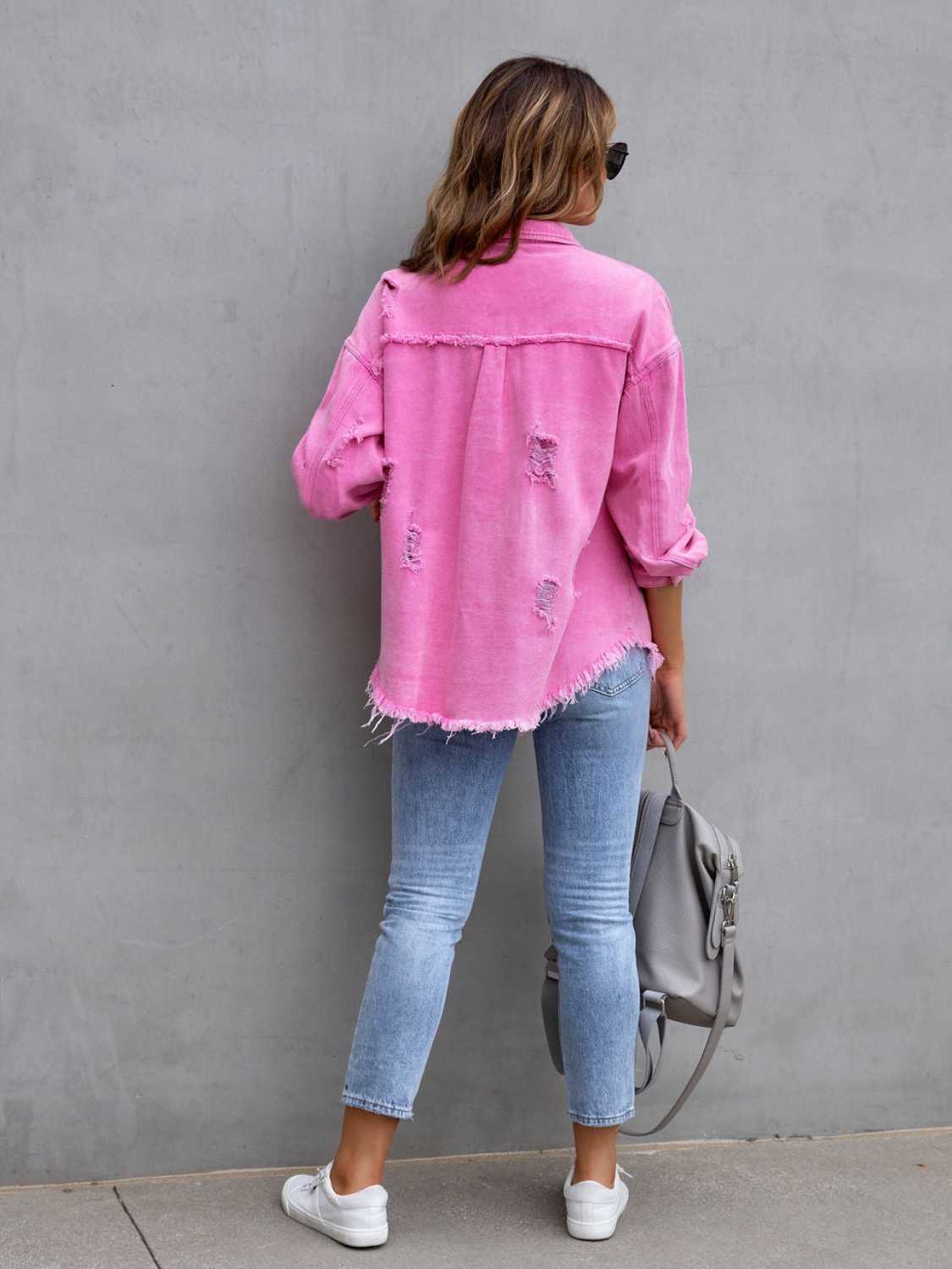 Trendsi Distressed Drop Shoulder Denim Jacket -