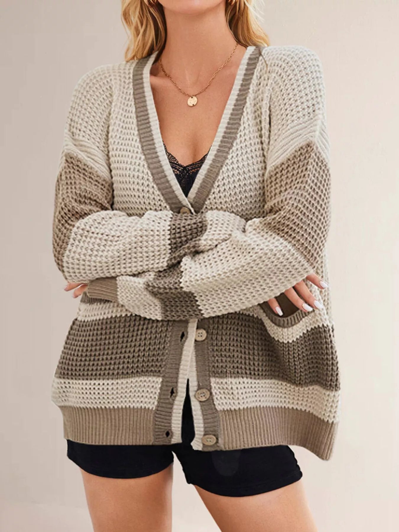 Trendsi Color Block V-Neck Cardigan -