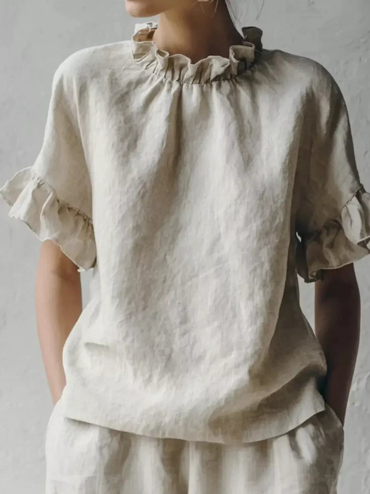 Apricot Color Ruffle-Neck Short Sleeve Blouse, front view