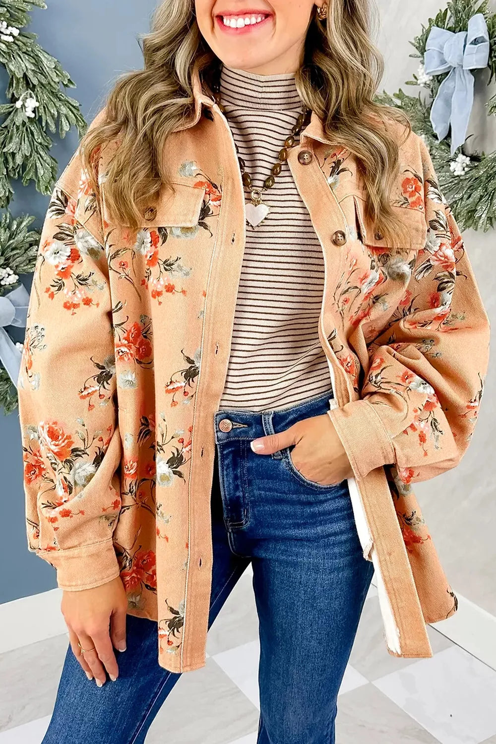 Floral print long sleeve denim jacket