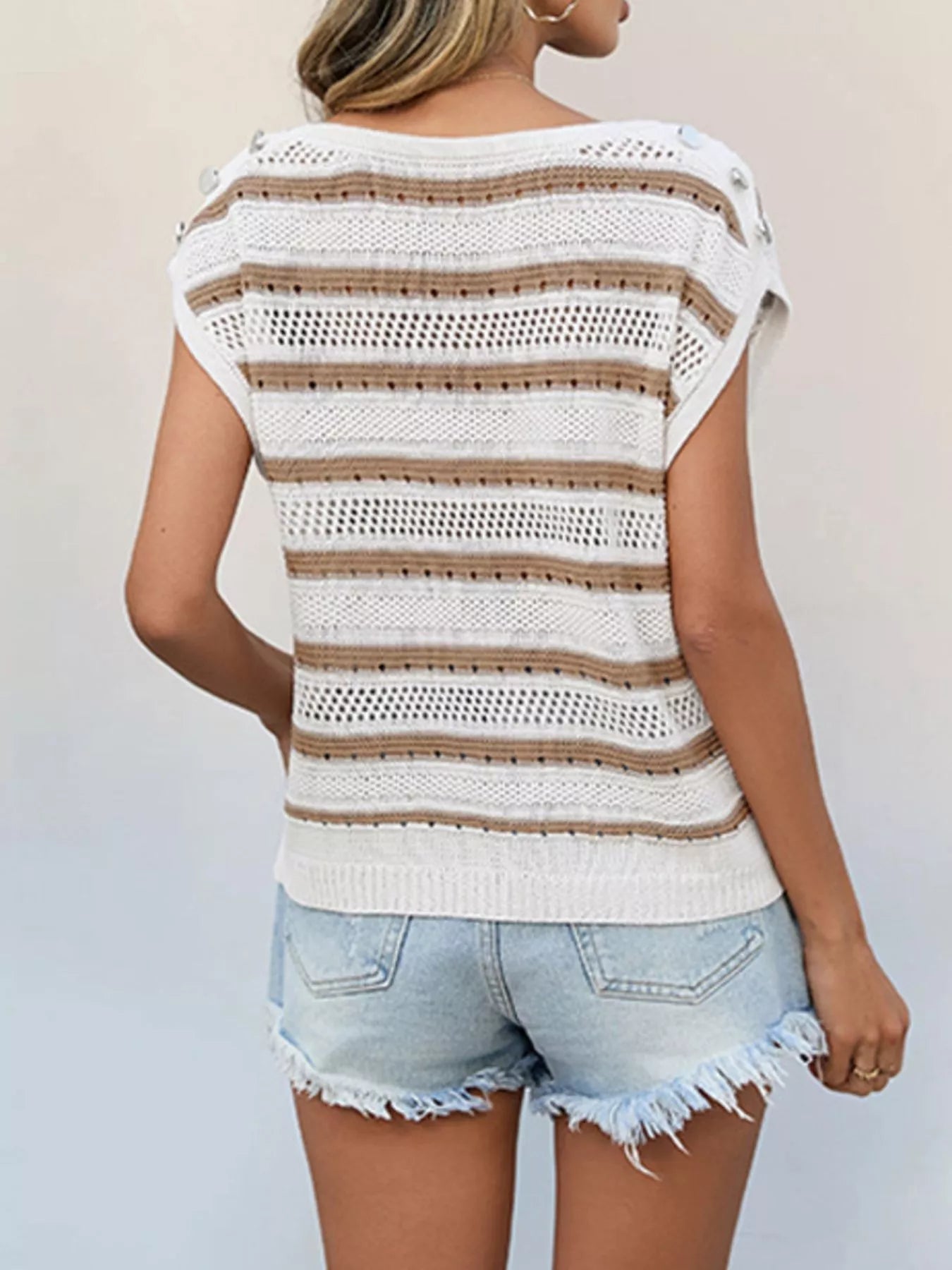 Trendsi Striped Cap Sleeve Crochet Knit Top -