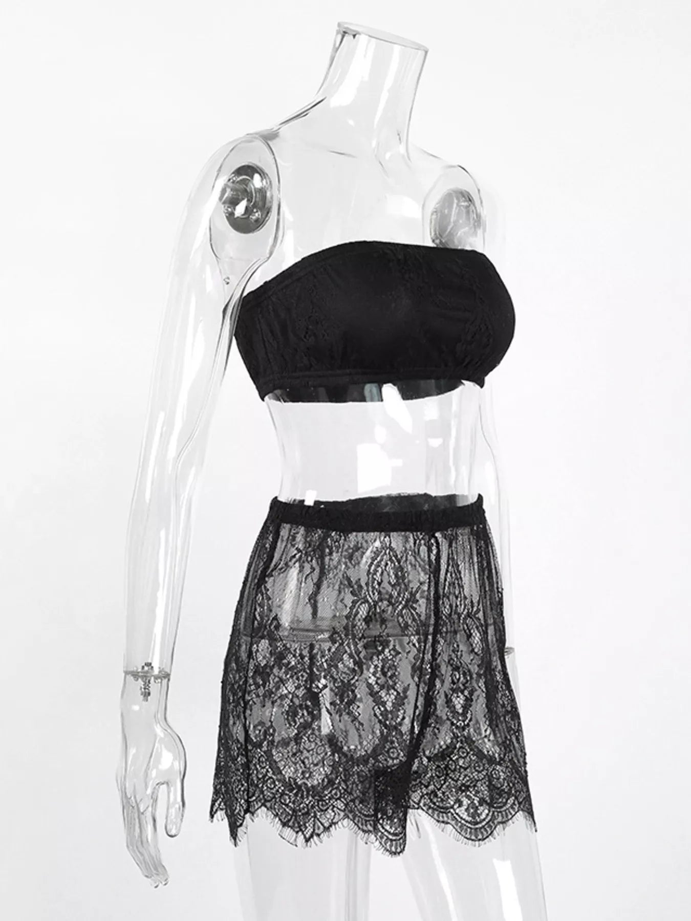 Trendsi Lace Tube Top & Cardigan and Shorts Three-Piece Lounge Set -