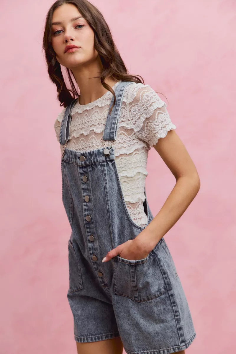 Women's Denim Romper With Adjustable Straps Button Front Acid Wash — product view 9