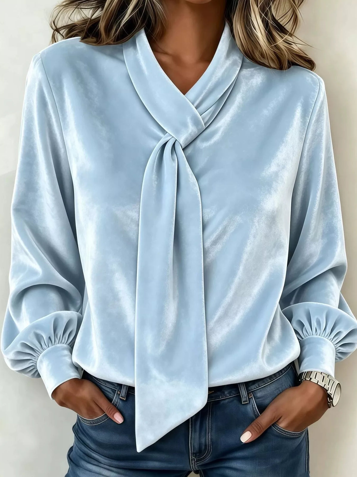 Women's Velvet Tie-Neck Long Sleeve Top in light blue — front view