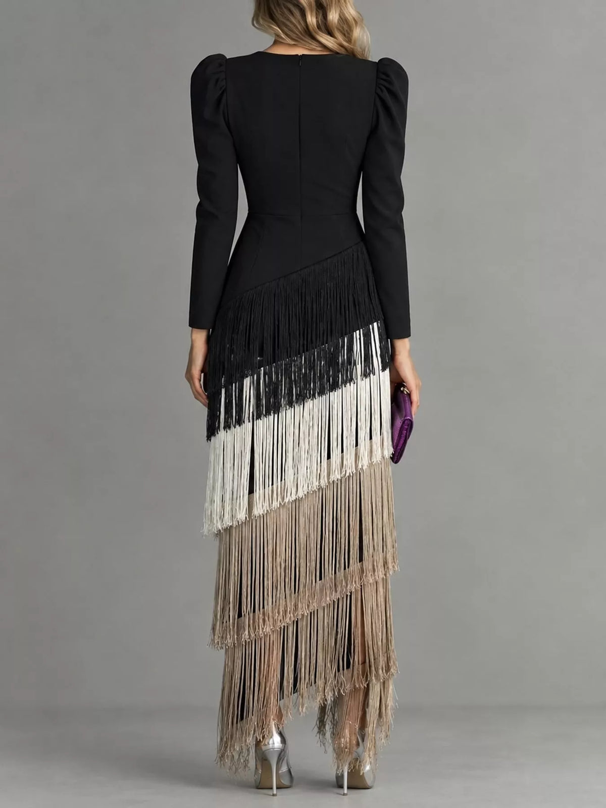 Women's Fringed V-Neck Puff Sleeve Midi Dress in black multicolor — back view