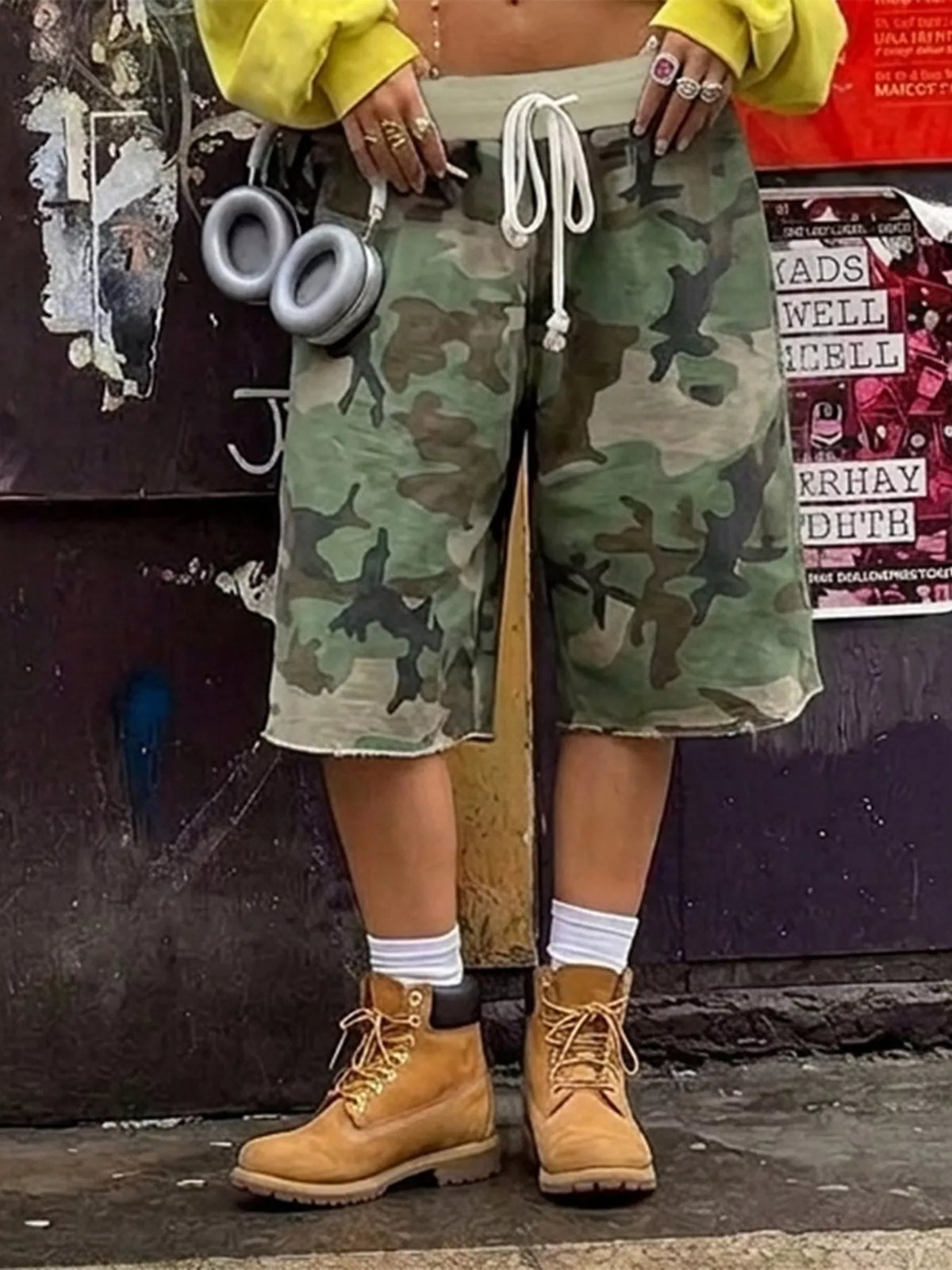Camouflage Drawstring Shorts in green, front view