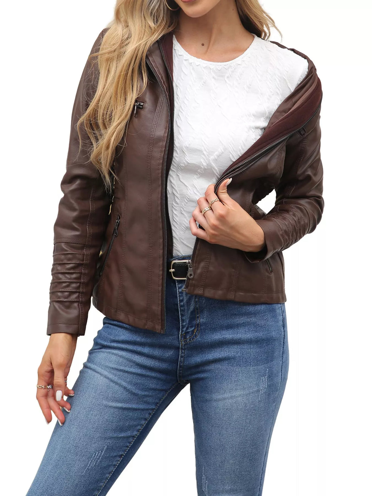 Hooded faux-leather jacket, brown open angled front