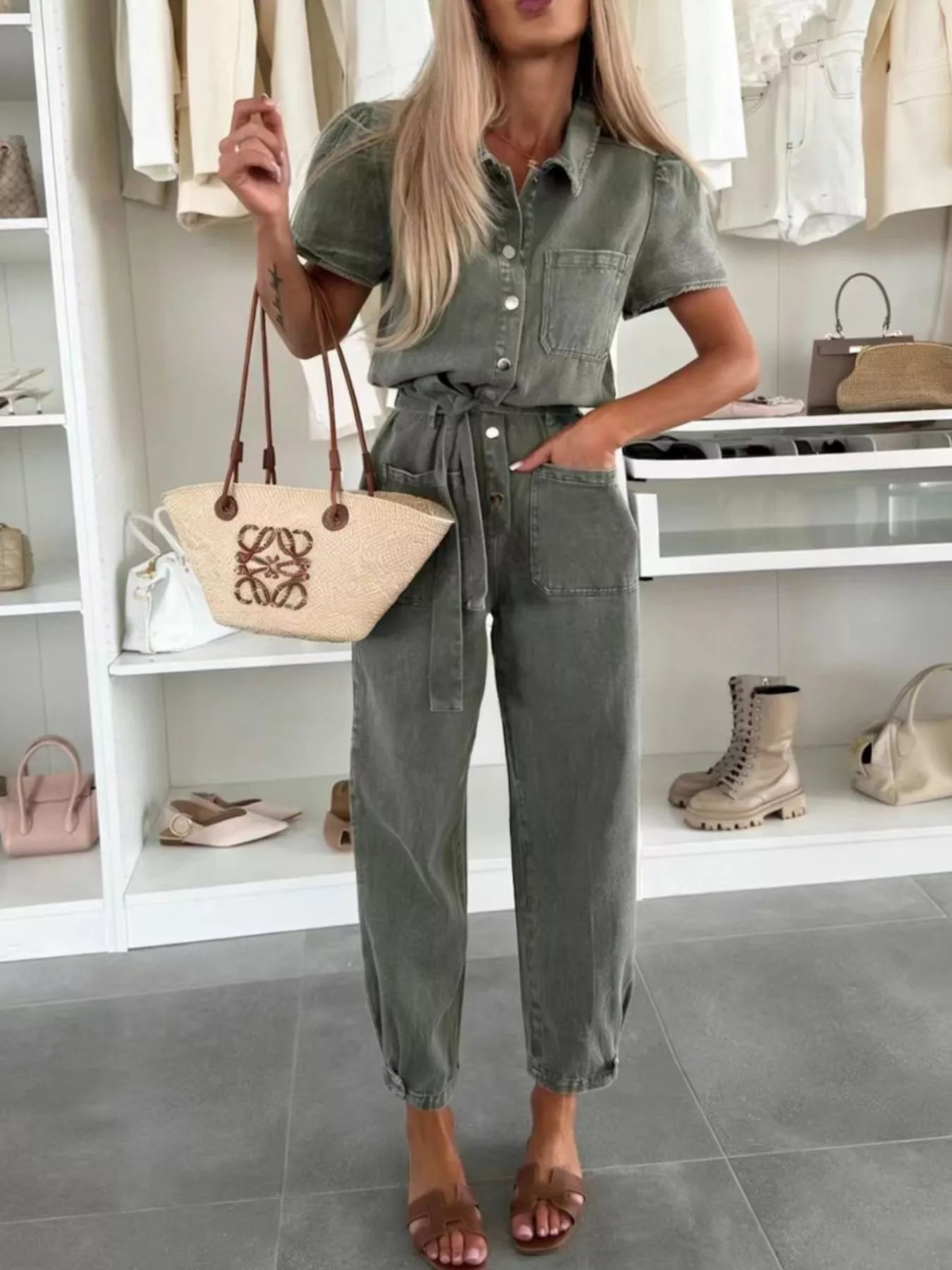 Trendsi Vintage Wash Short Sleeve Denim Jumpsuit -