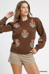 Trendsi Umgee Floral Knit Sweater with Puff Sleeves -