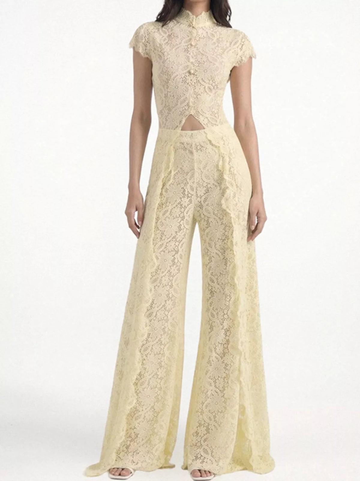 Light Yellow-Set lace short sleeve top and pants set