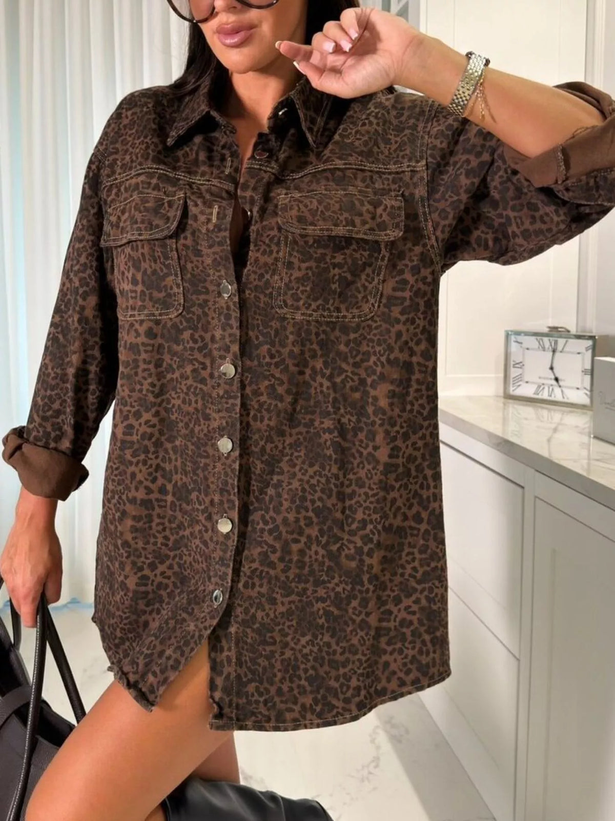 Washed Denim Jacket with Chest Pockets, top detail