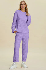 Trendsi Double Take Full Size Texture Round Neck Long Sleeve Top and Pants Set -