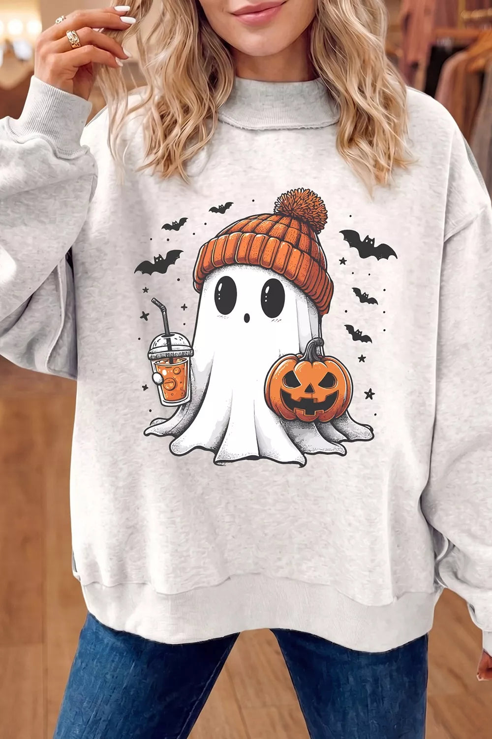Trendsi Reversible Halloween Graphic Mock Neck Tunic Sweatshirt -