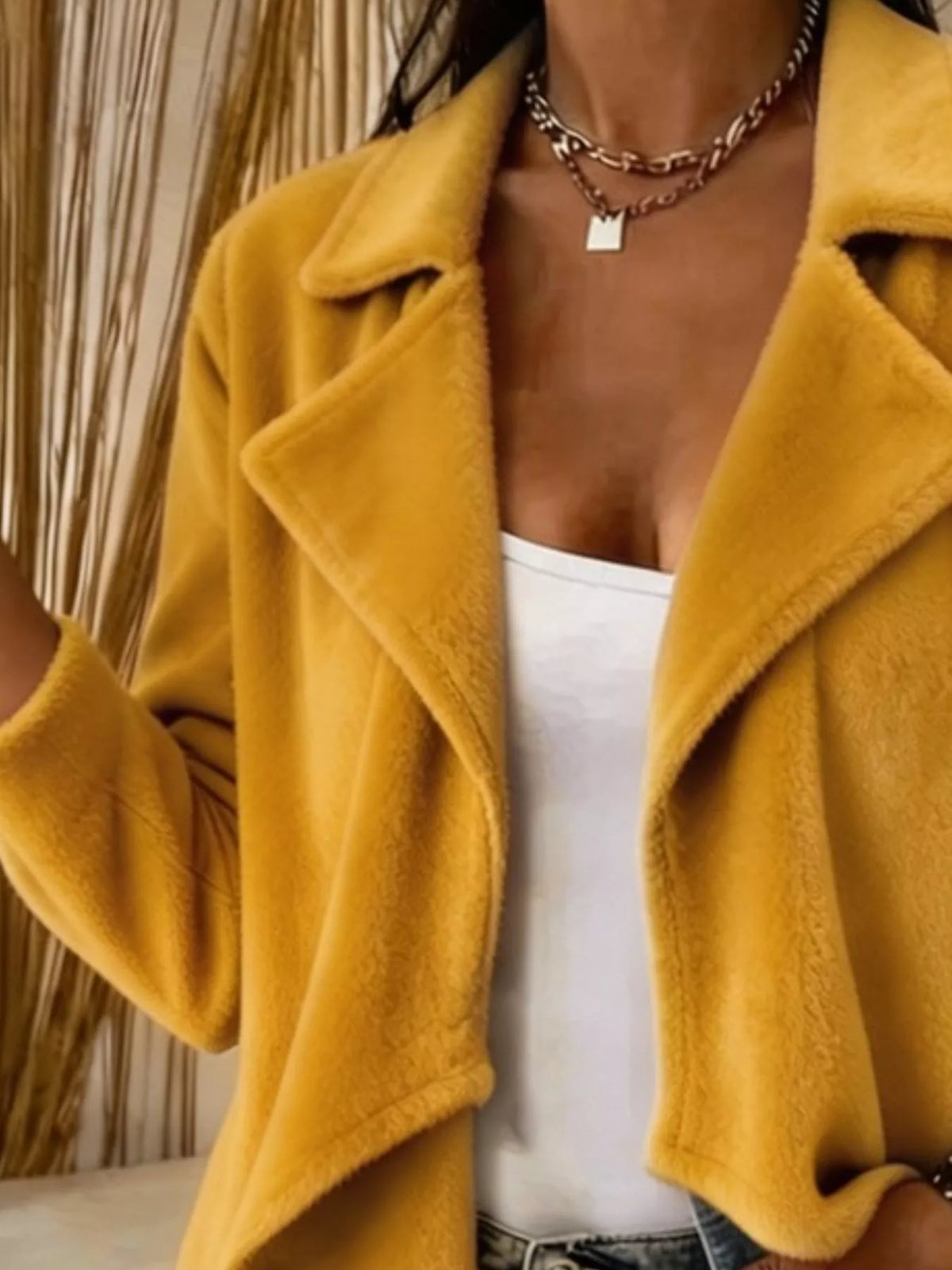 Yellow fleece waterfall collar jacket, notch lapels and open front