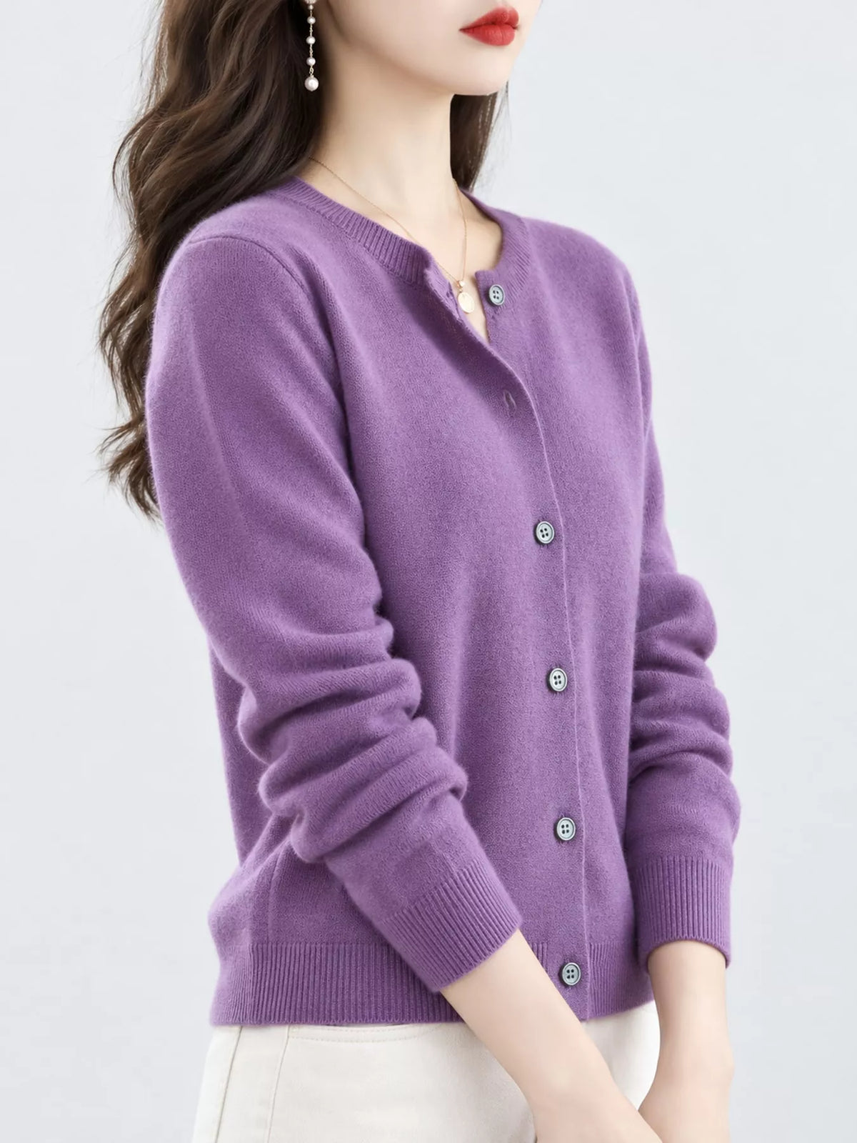 Button-down cardigan, purple side