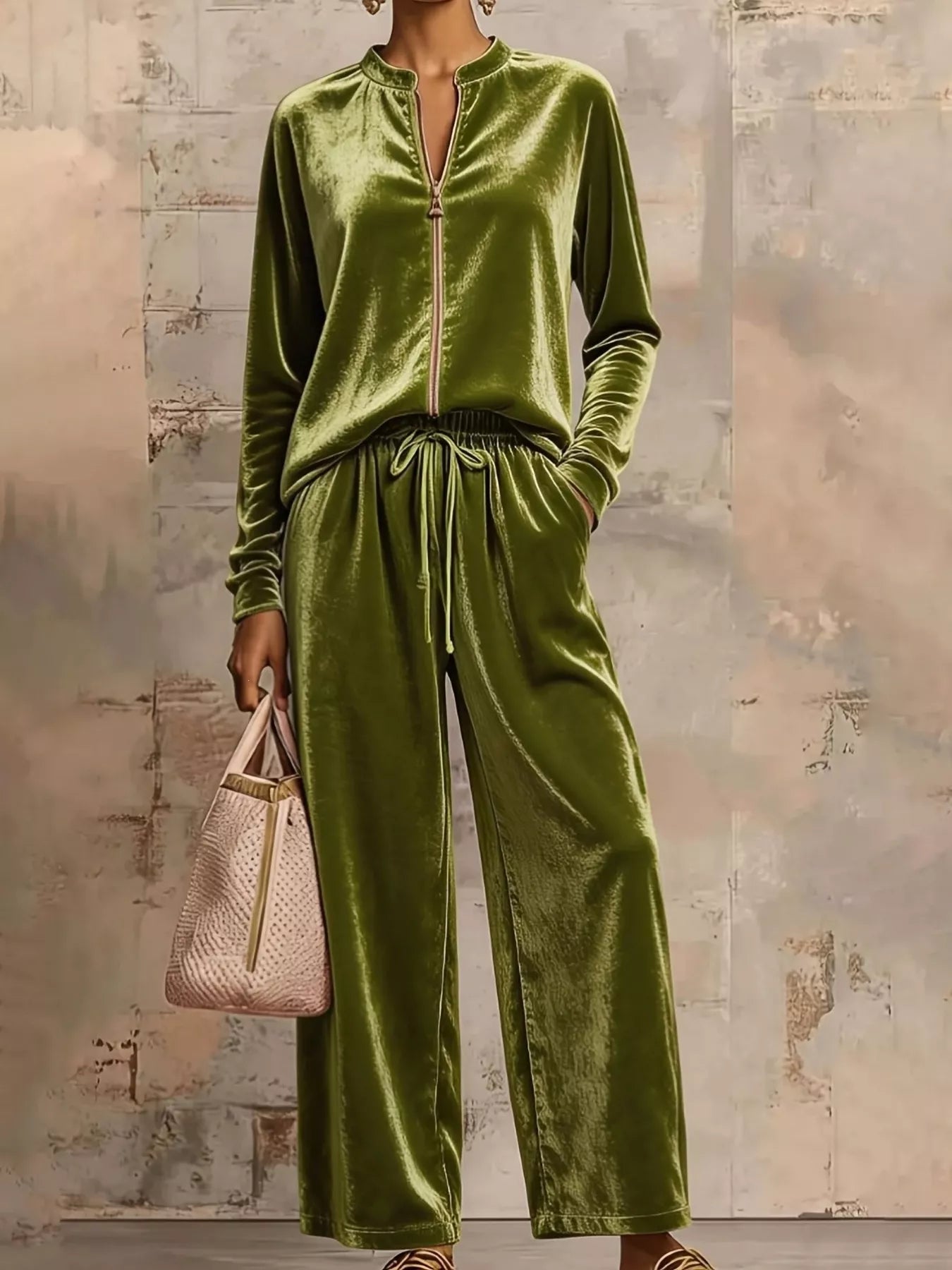 Trendsi Velvet Zip-Up Top and Pants Set -