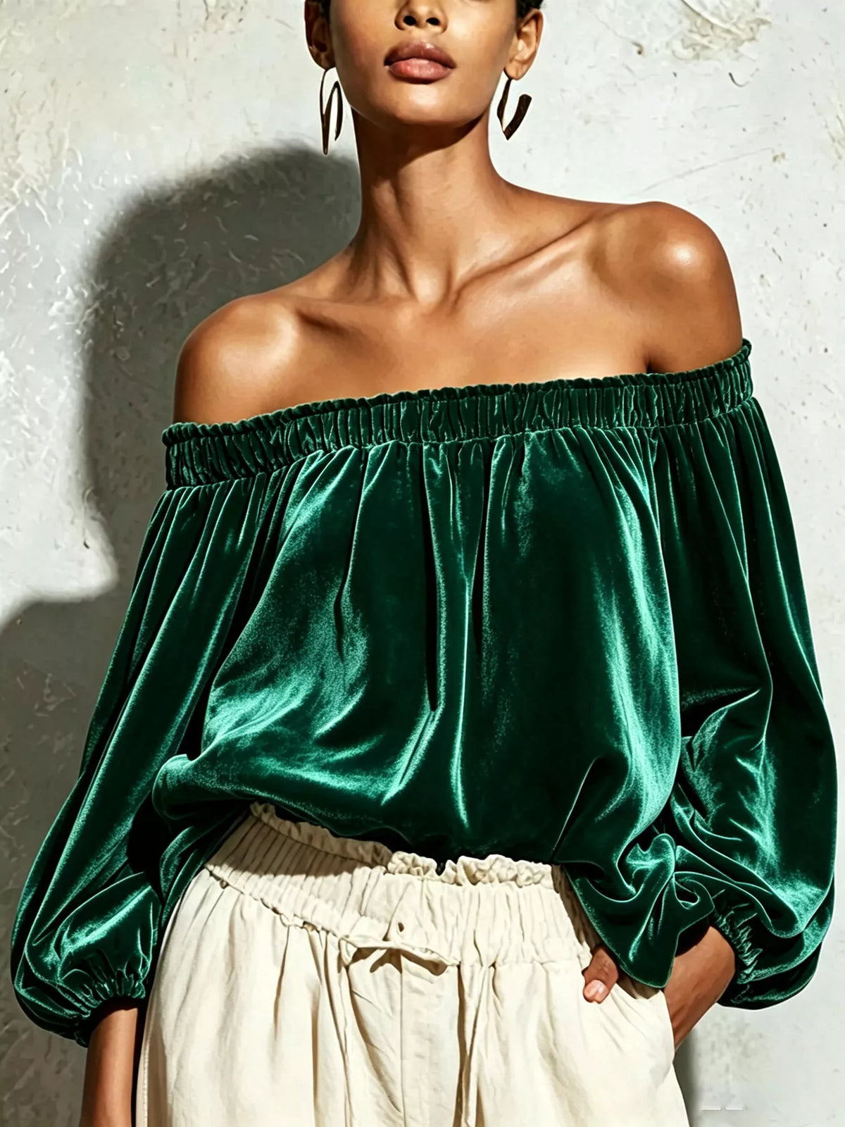Trendsi Off-Shoulder Velvet Long Sleeve T-Shirt -