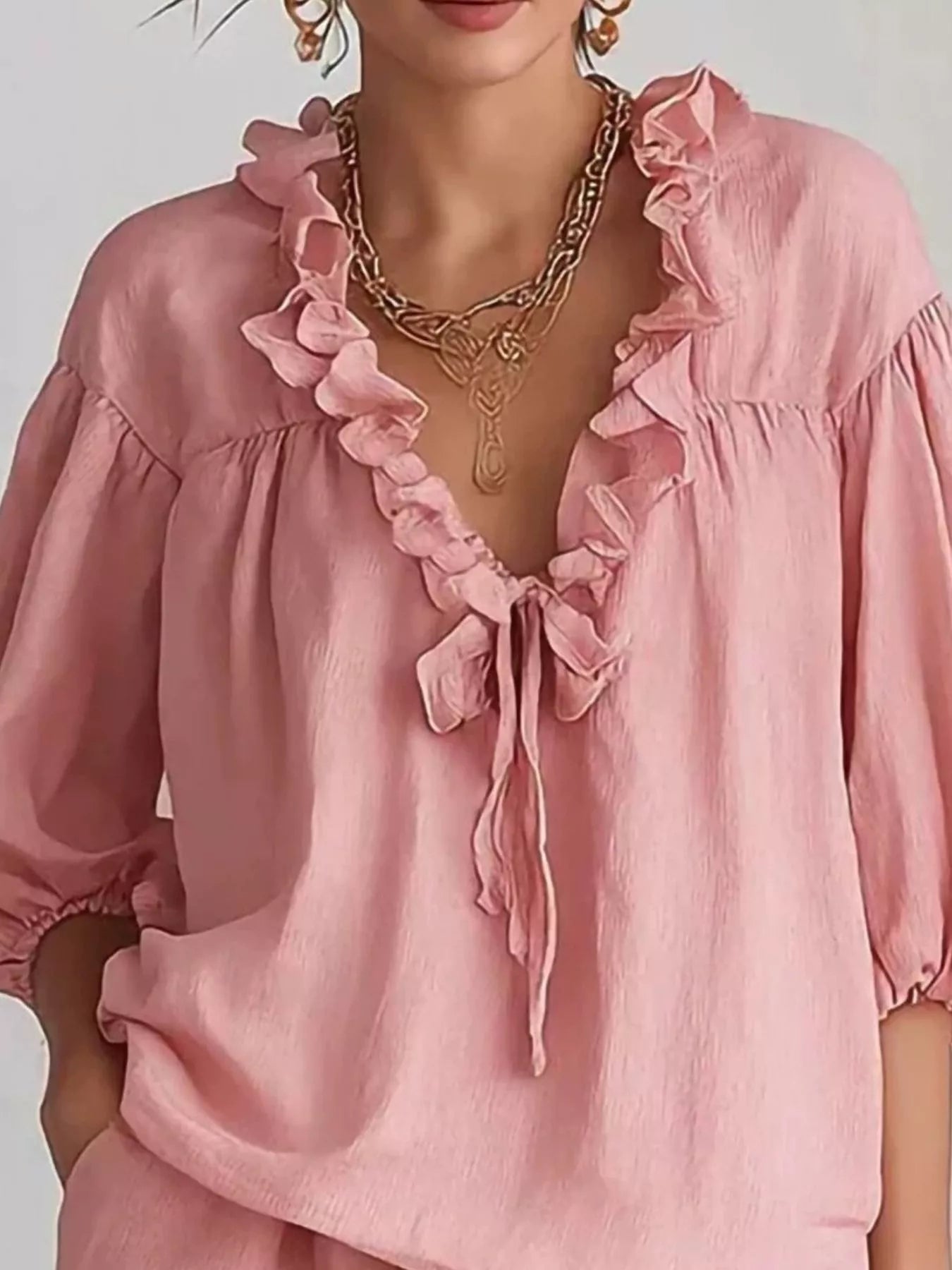 Trendsi Ruffled V-Neck Blouse and Shorts Set -