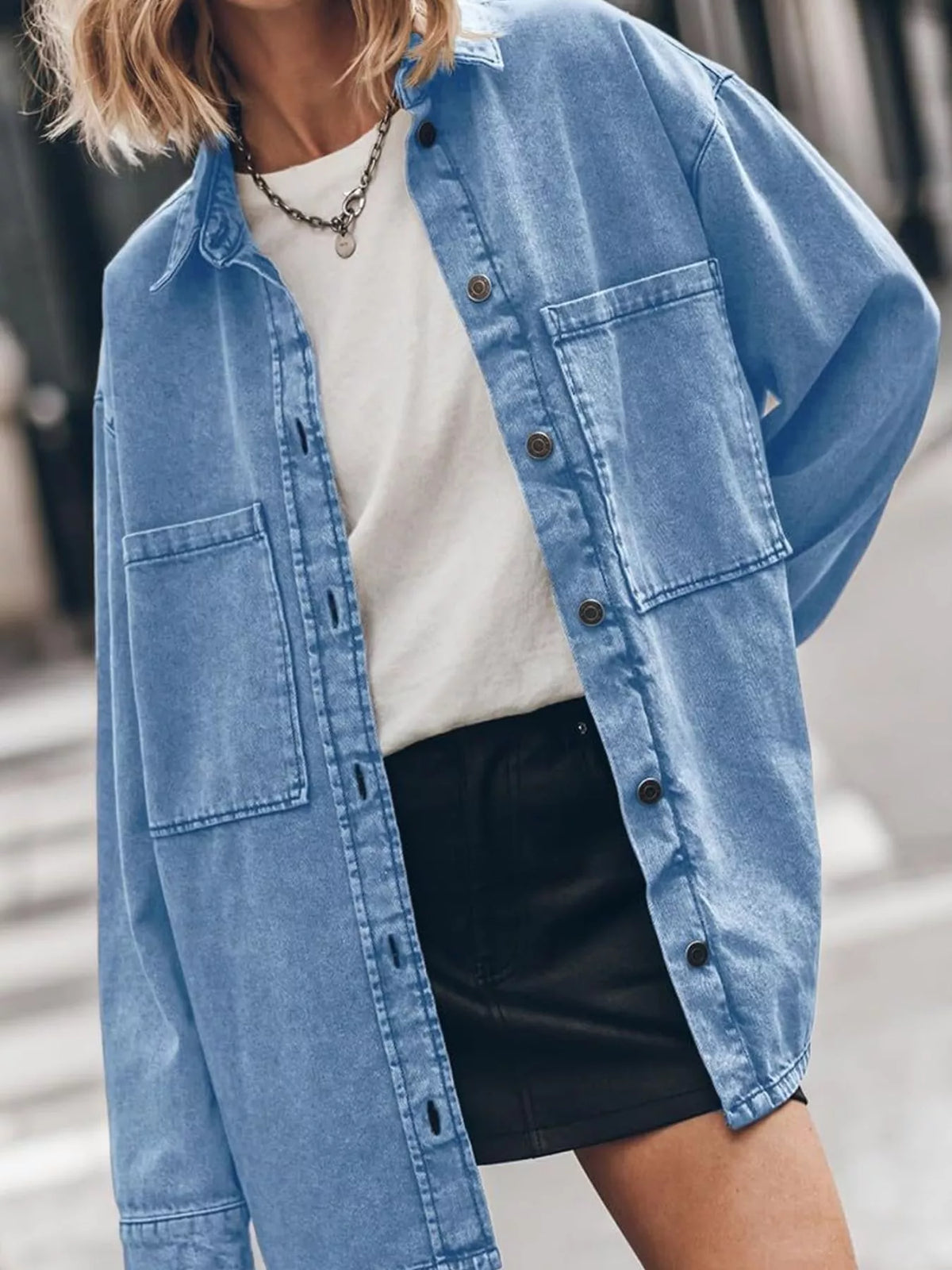 Button-Up Dropped Shoulder Denim Shacket — front view