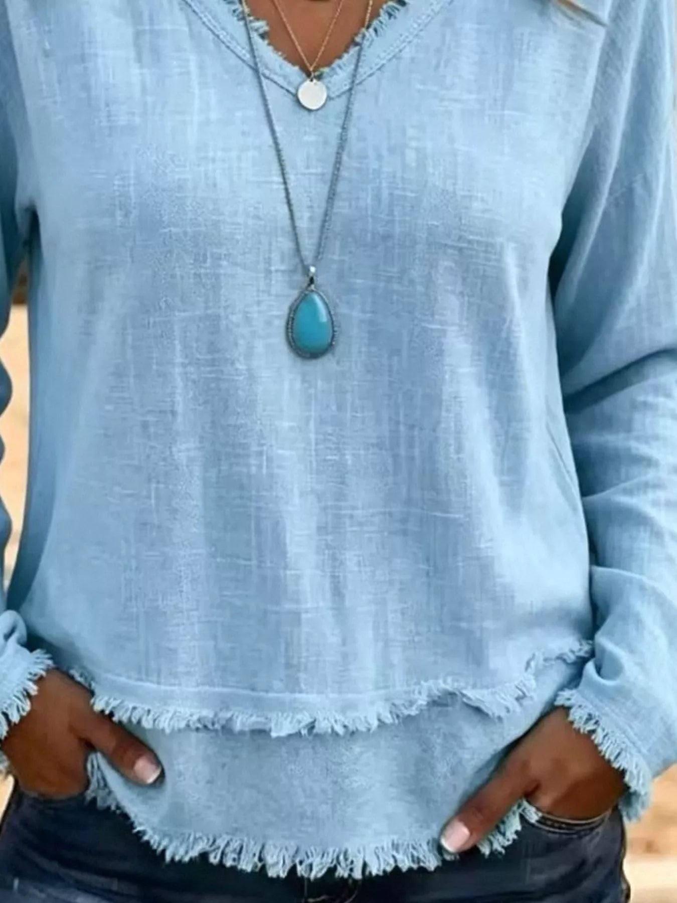 Trendsi V-Neck Frayed Hem Long Sleeve T-Shirt -